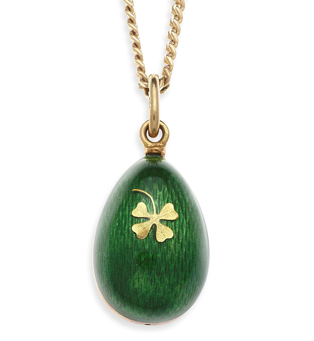 FABERGE - a contemporary green enamelled egg form pendant with chain