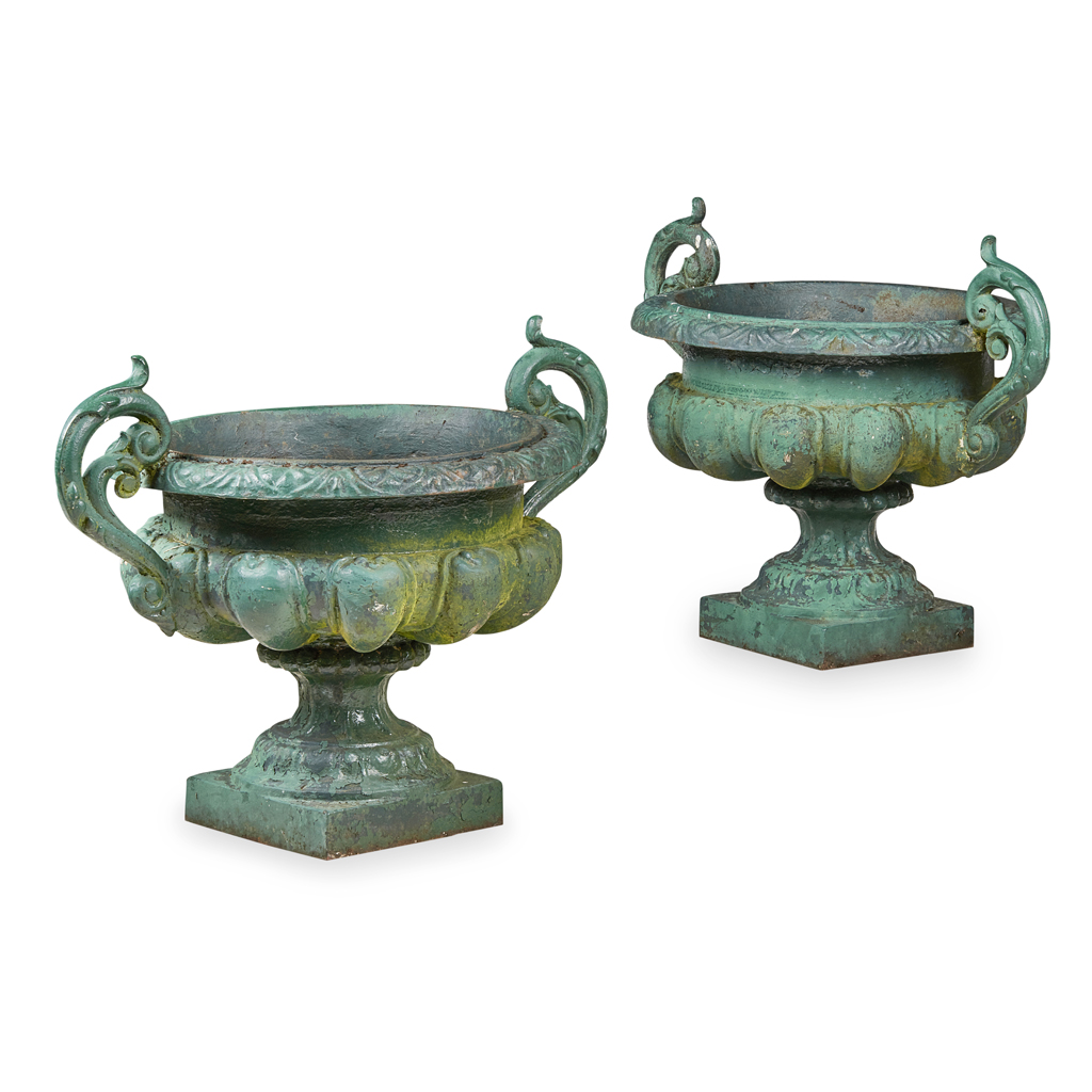 PAIR OF LARGE GREEN PAINTED CAST IRON URNS