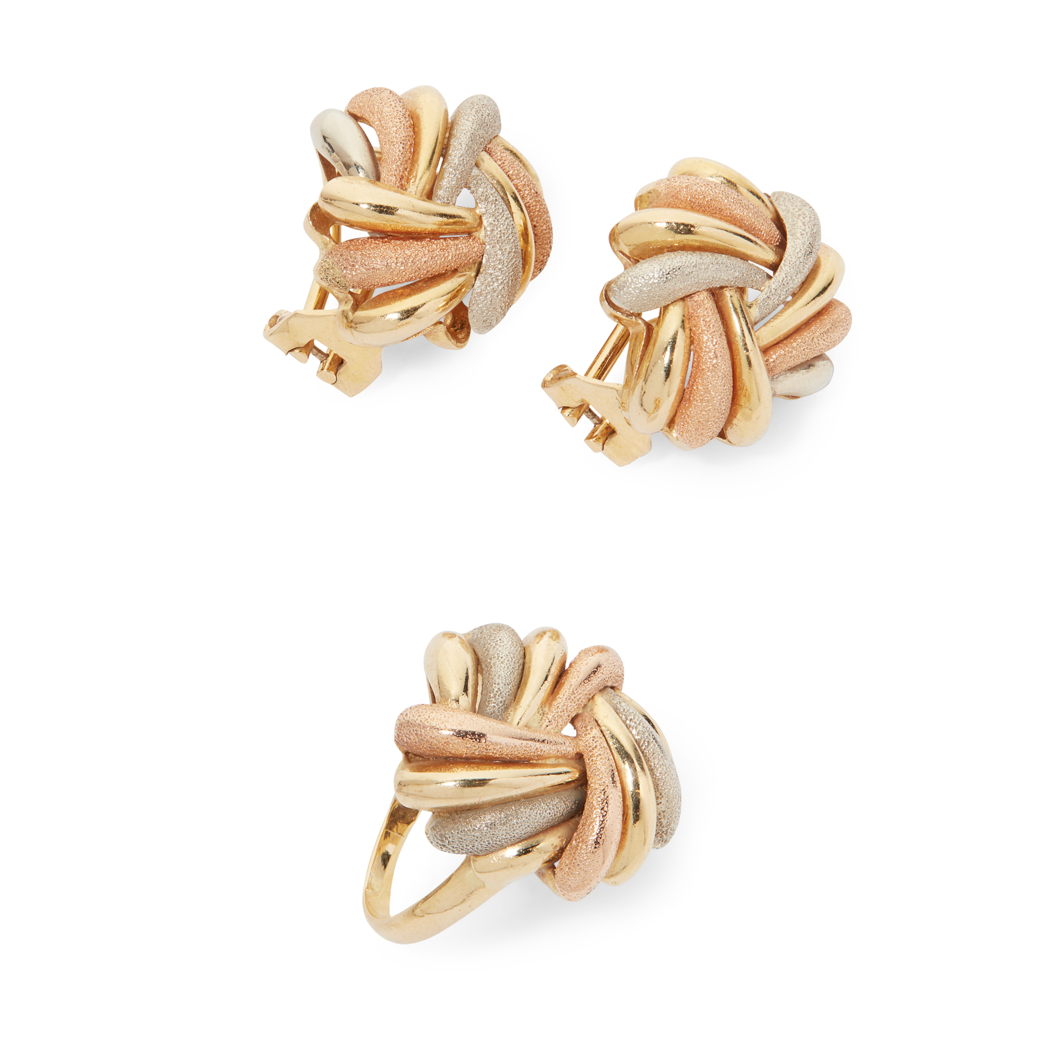 A pair of tri-coloured earrings and a matching ring