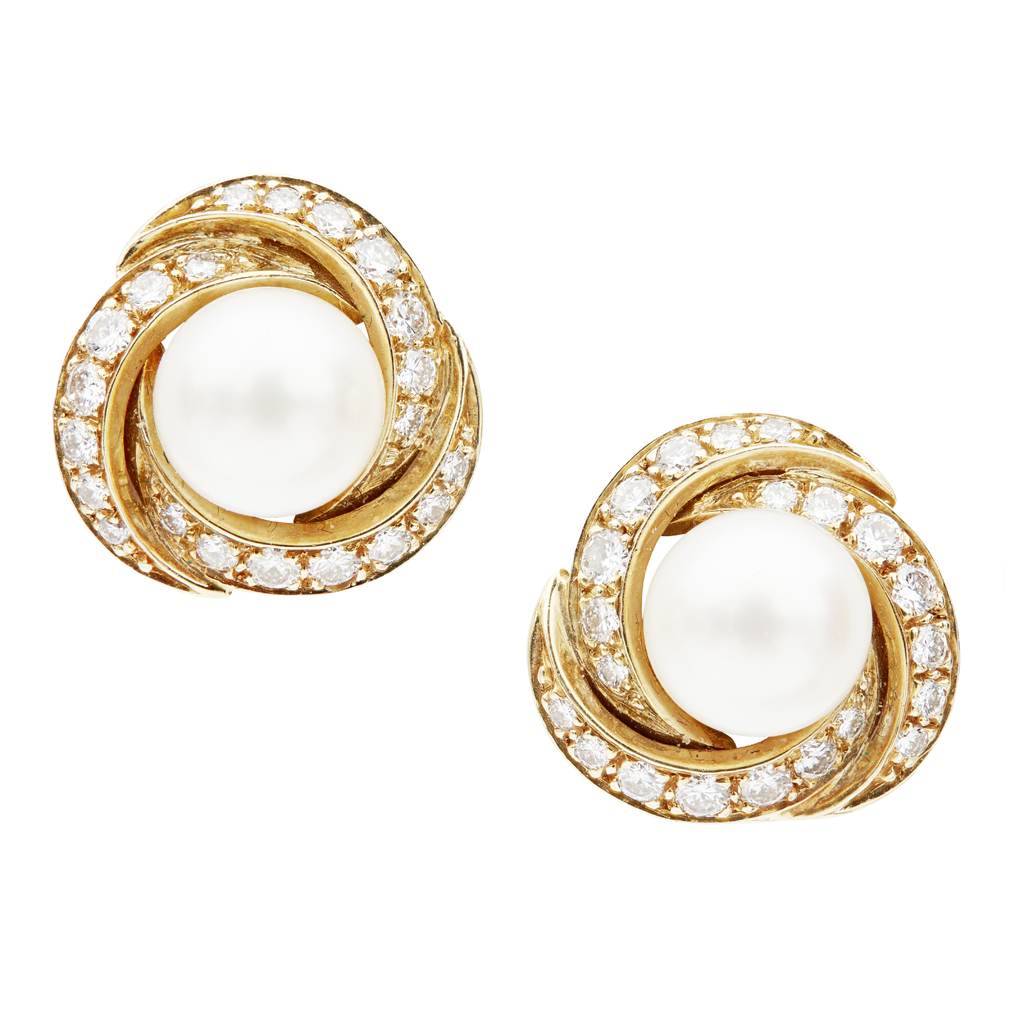 A pair of 18ct gold pearl and diamond set earrings