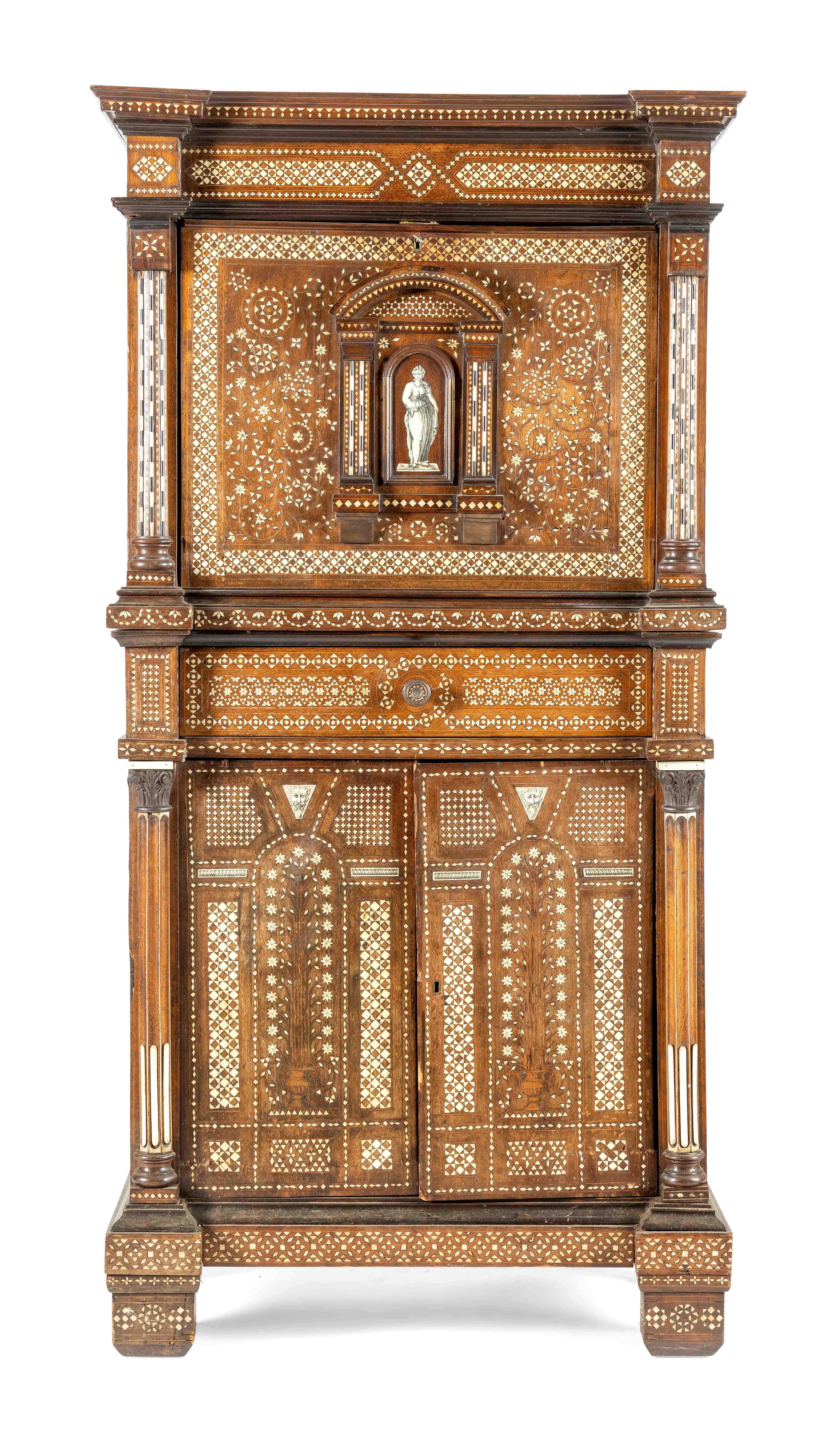 A MAHOGANY AND BONE INLAID SECRETAIRE ABBATANT