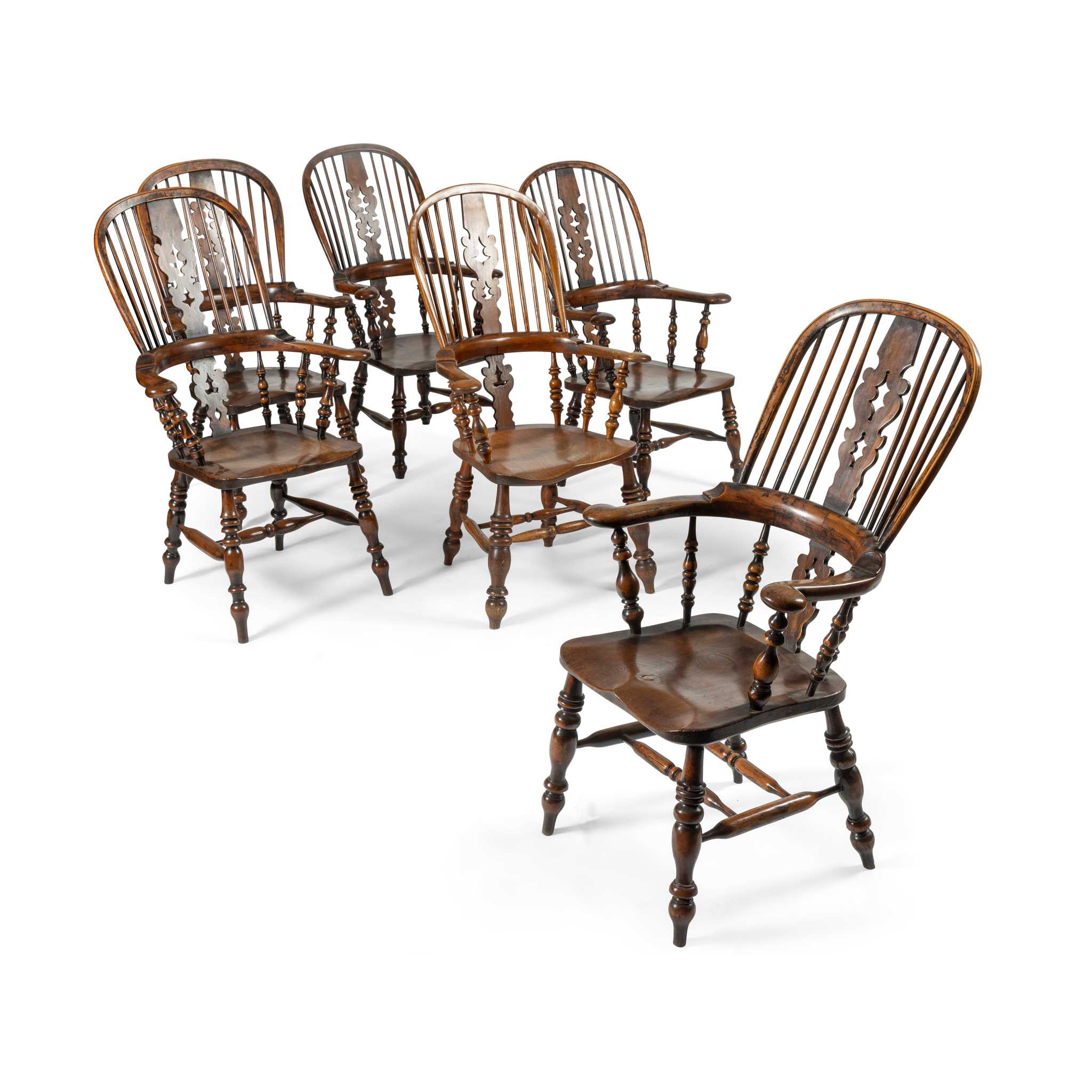 A MATCHED SET OF SIX ASH AND ELM WINDSOR ARMCHAIRS