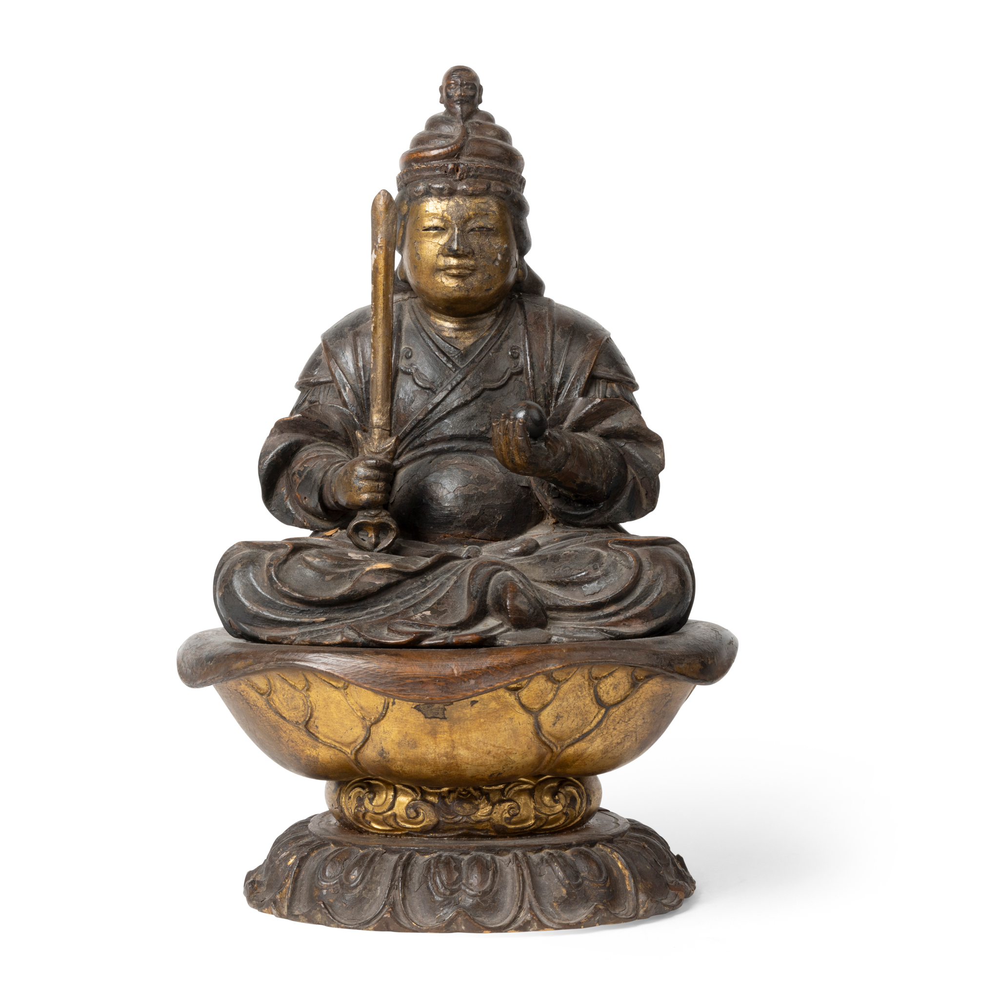 JAPANESE PARCEL-GILT AND LACQUER WOODEN FIGURE OF UGA BENZAITEN