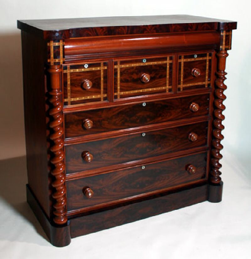 An usual Victorian mahogany and tunbridgeware banded column chest