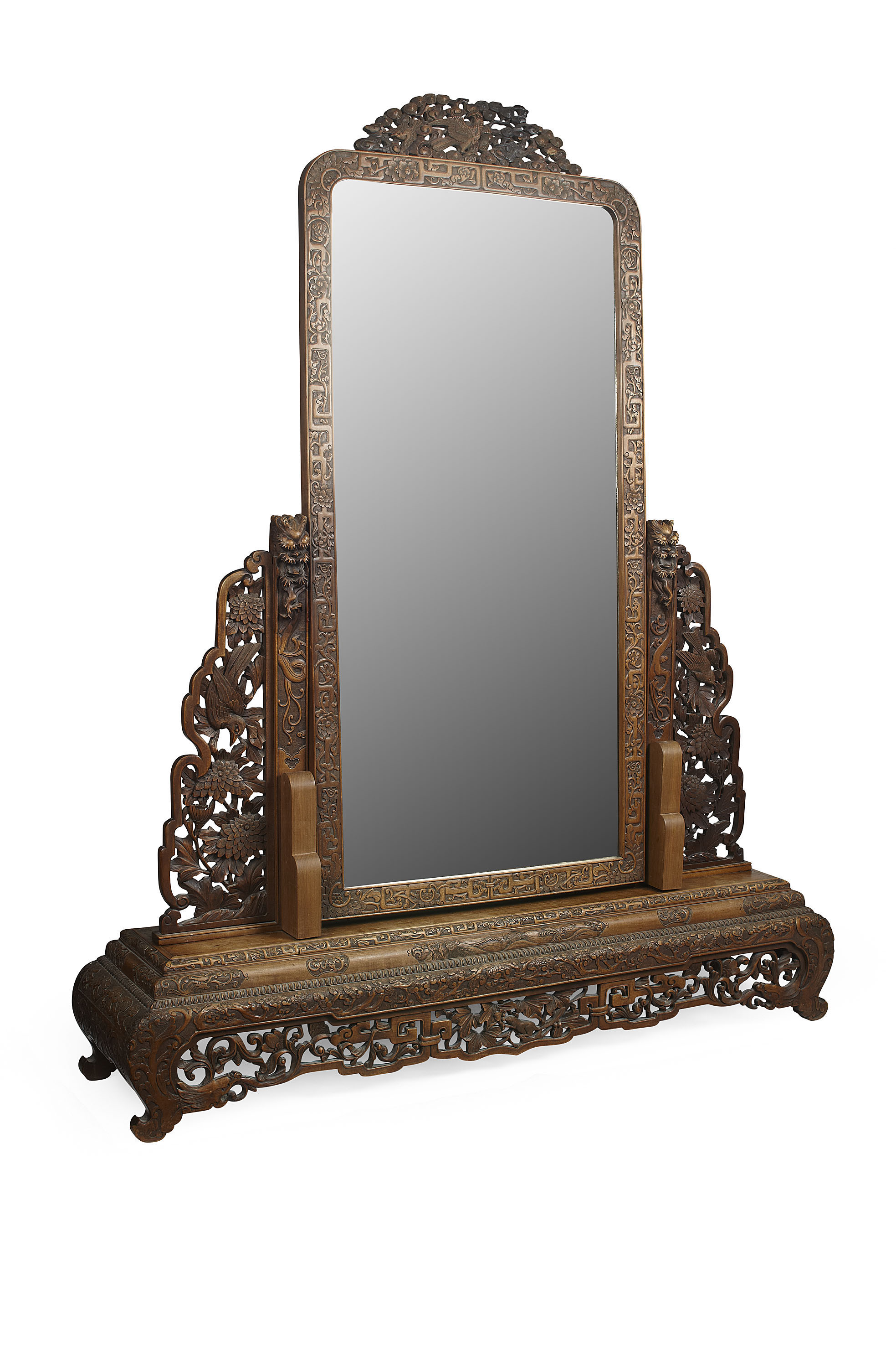 CHINESE CARVED HARDWOOD CHEVAL MIRROR