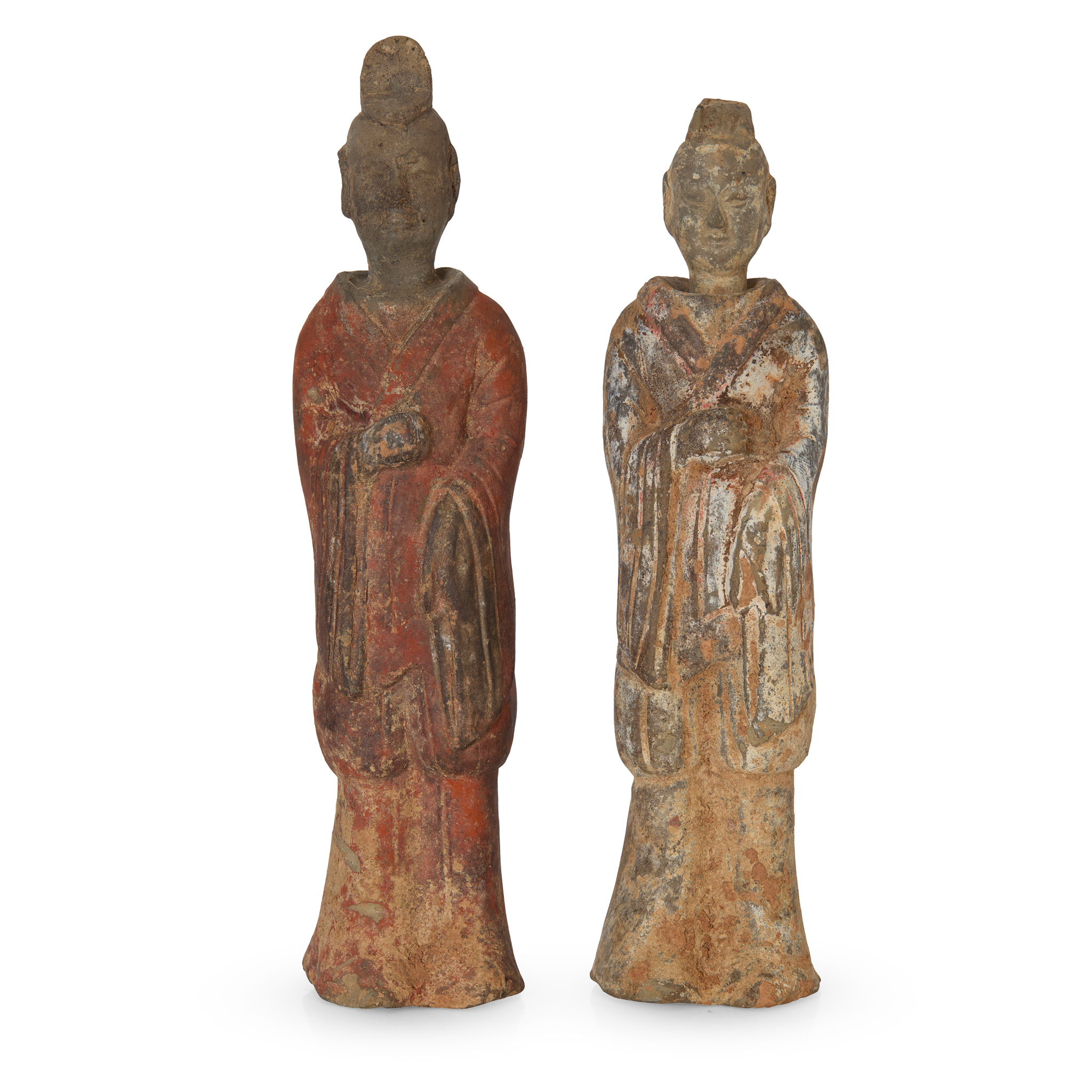 TWO CHINESE PAINTED GREY POTTERY FIGURES