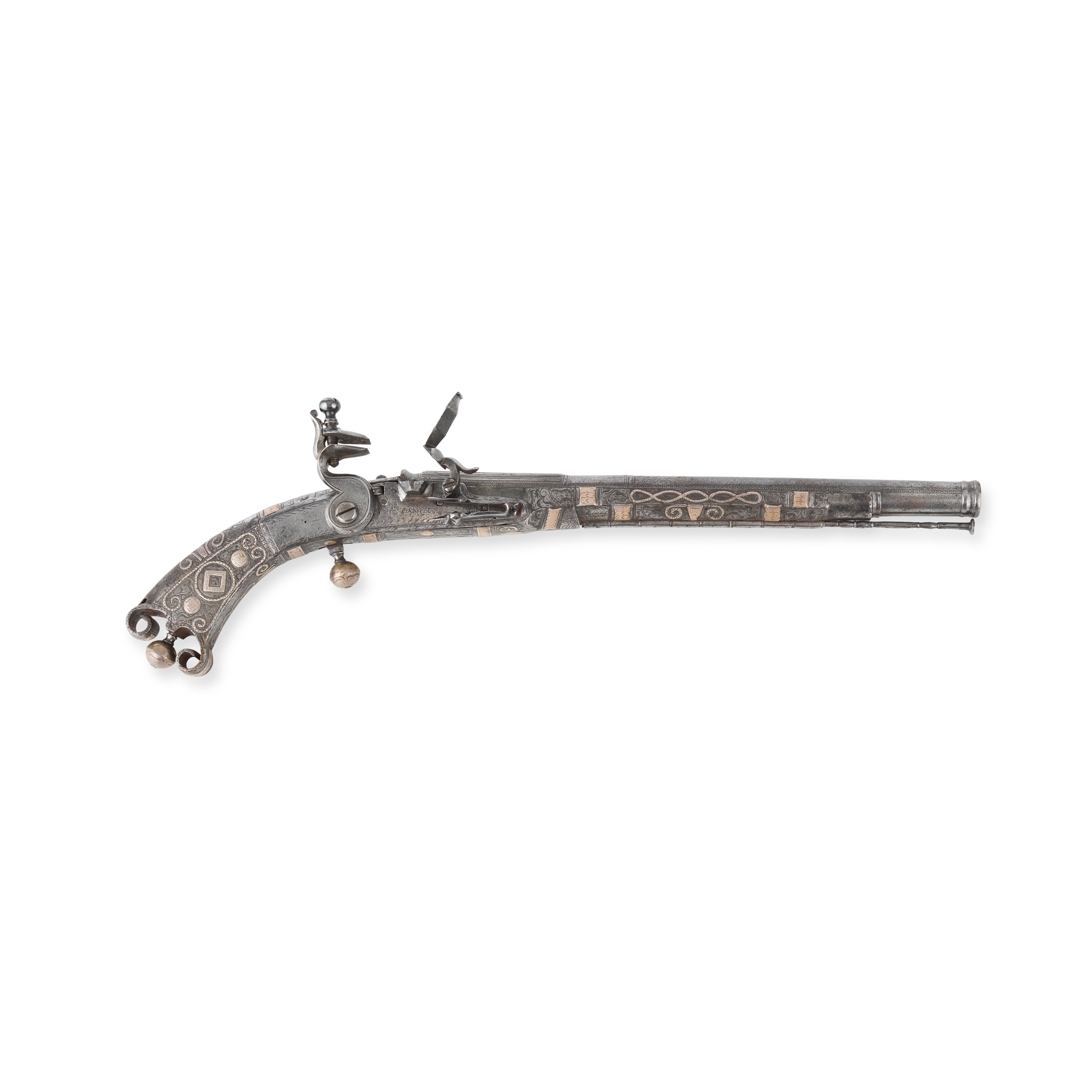 A SCOTTISH ALL-STEEL RAMSHORN BUTT FLINTLOCK PISTOL