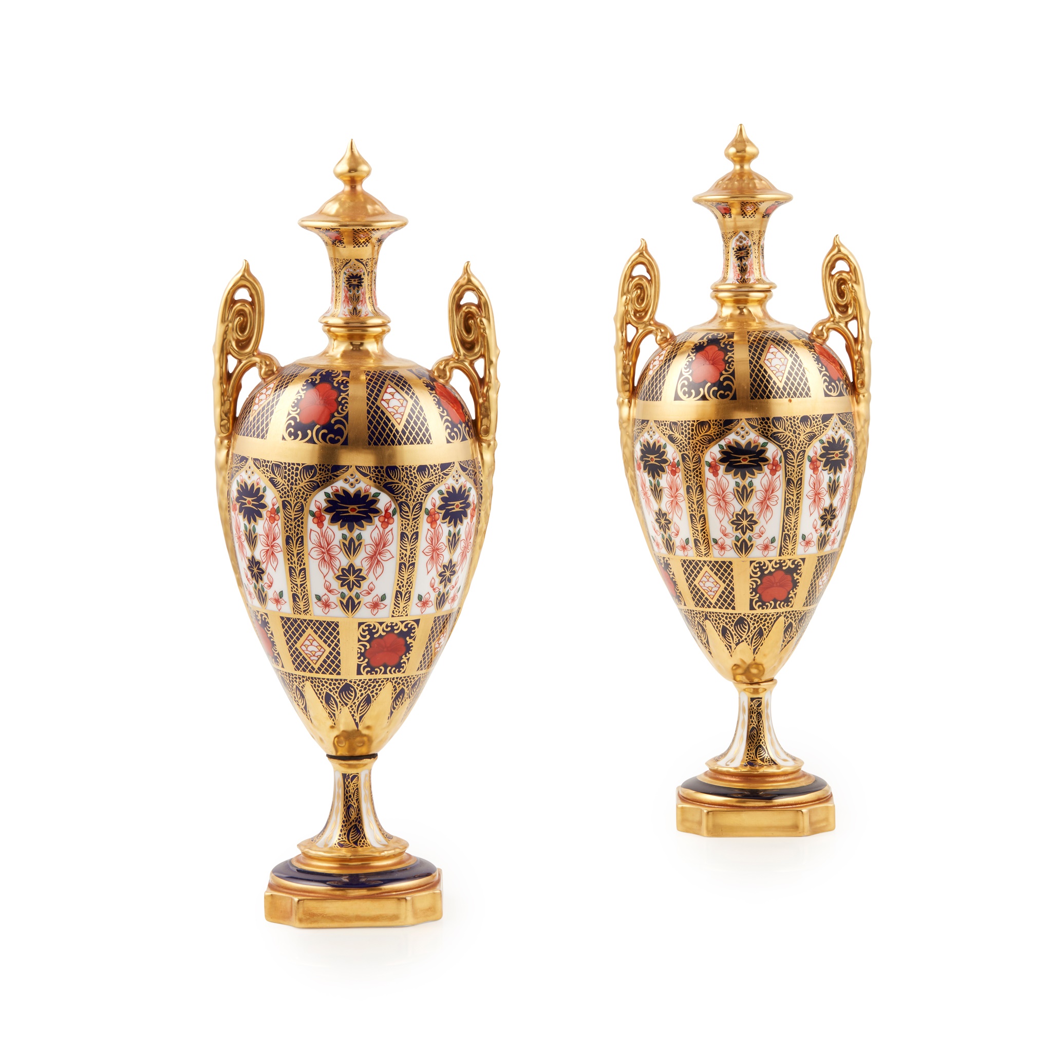 PAIR OF ROYAL CROWN DERBY IMARI TWIN HANDLED URNS AND COVERS