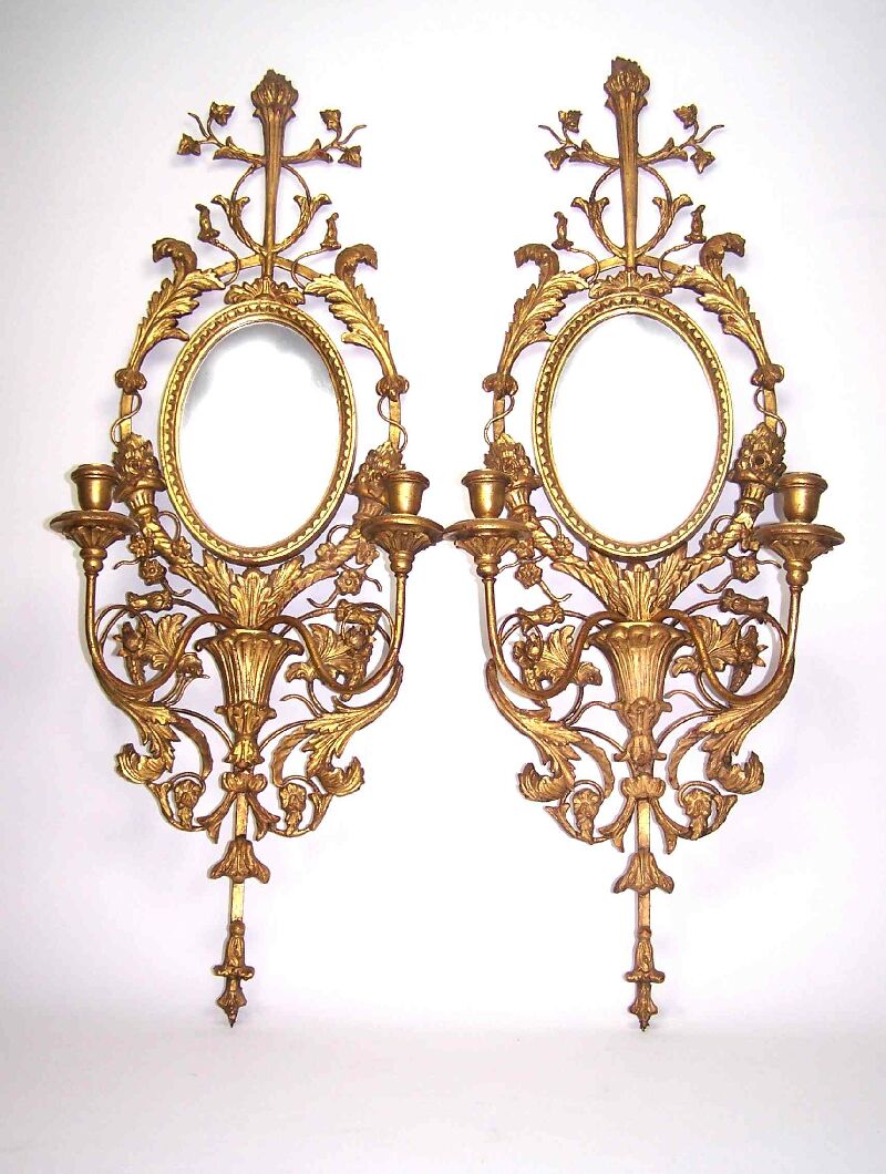 A pair of giltwood and gesso neoclassical twin-light wall appliques