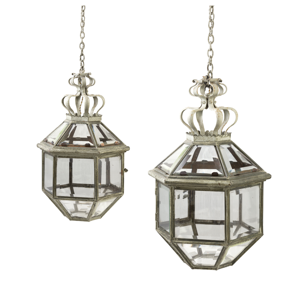 PAIR OF PAINTED AND PATINATED METAL HALL LANTERNS (2)