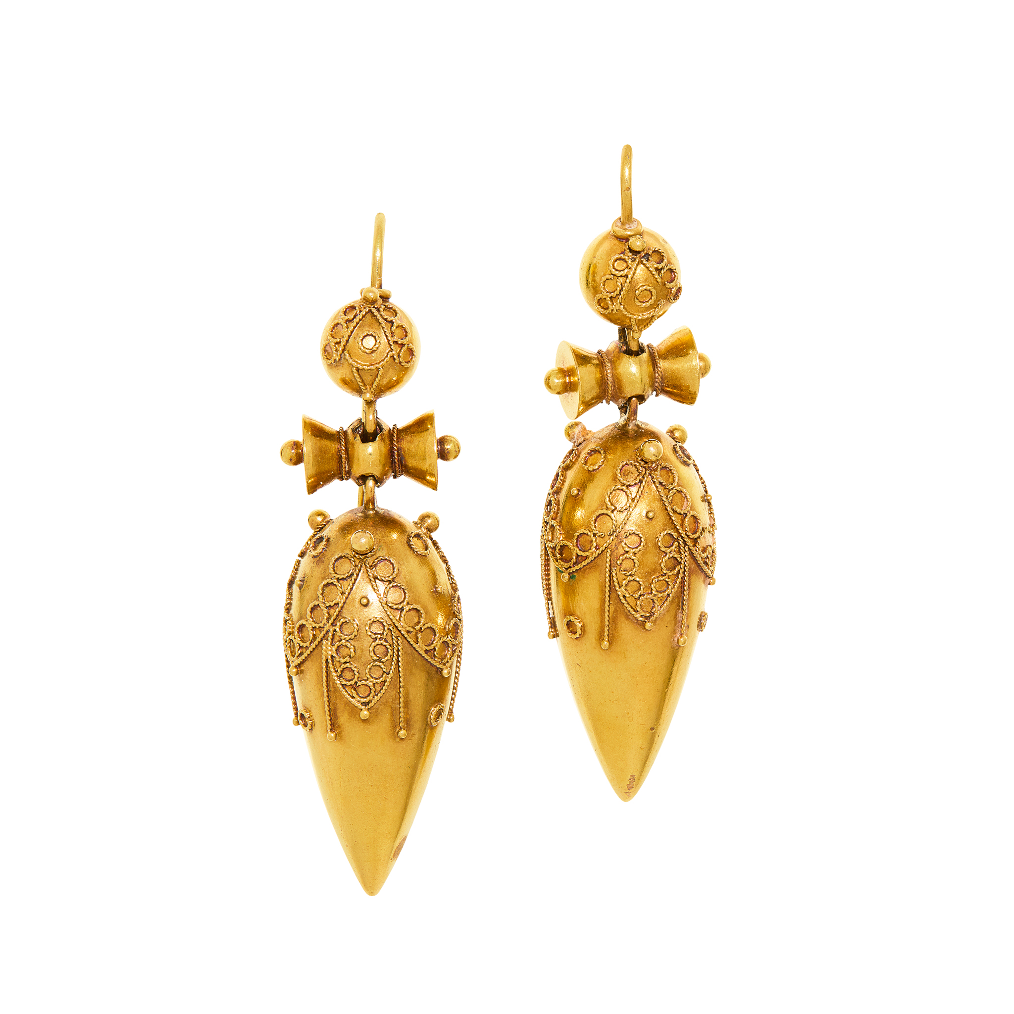 A pair of Victorian Etruscan revival pendent earrings, circa 1870s