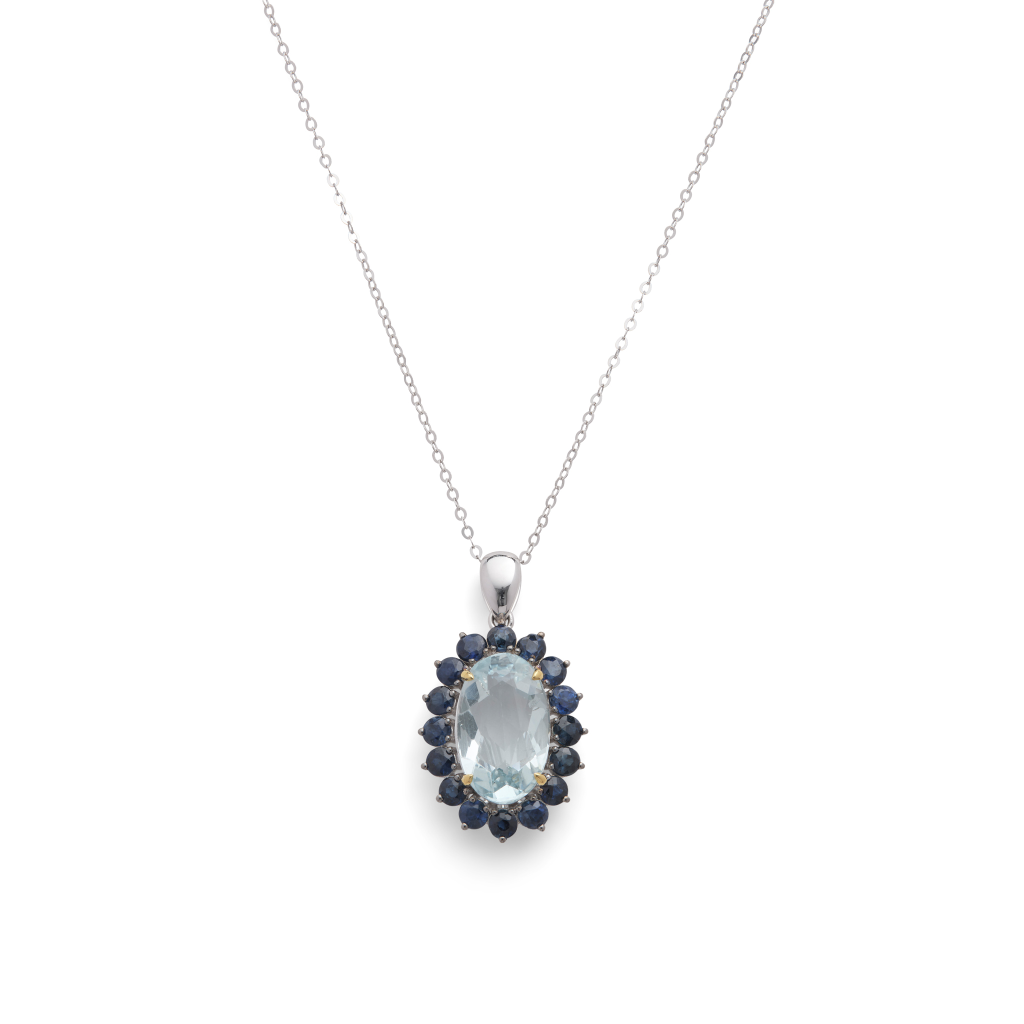 An aquamarine and sapphire pendant necklace