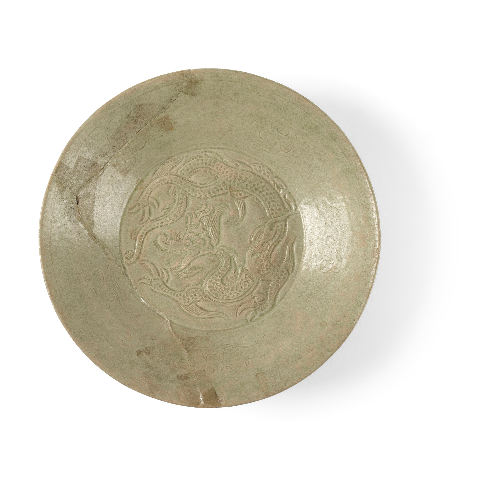 CHINESE YUE-TYPE CELADON-GLAZED 'DRAGON' SHALLOW BOWL