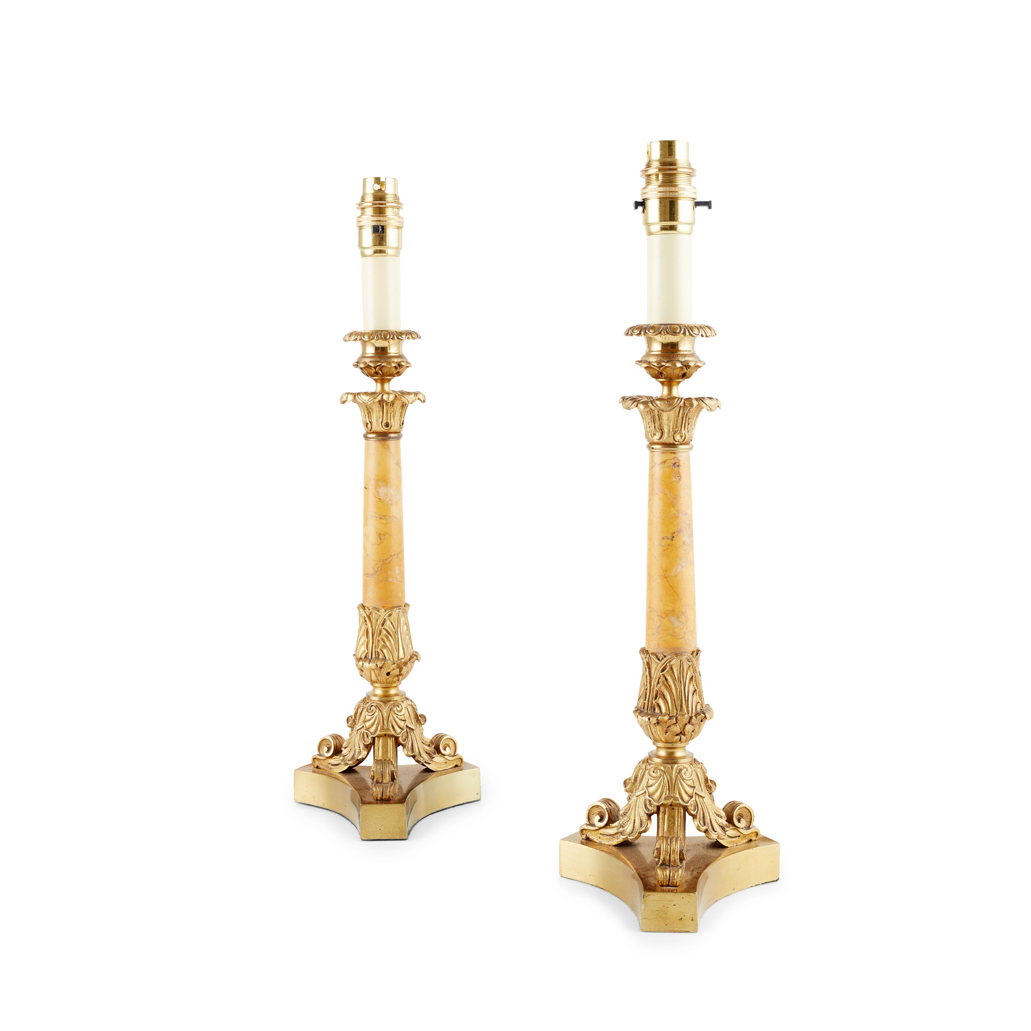 PAIR OF GILT METAL AND SIENA MARBLE LAMPS