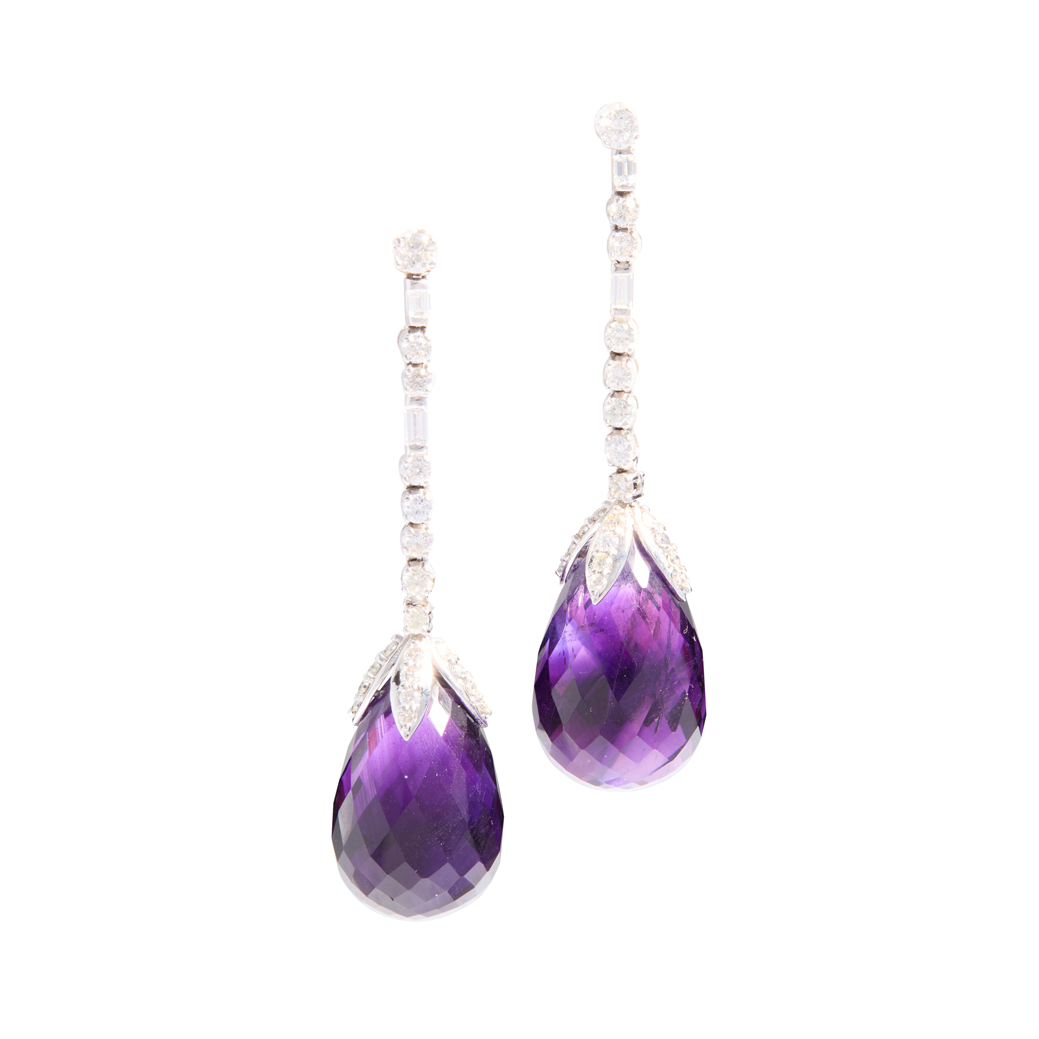 A pair of 18ct gold amethyst and diamond pendent earrings
