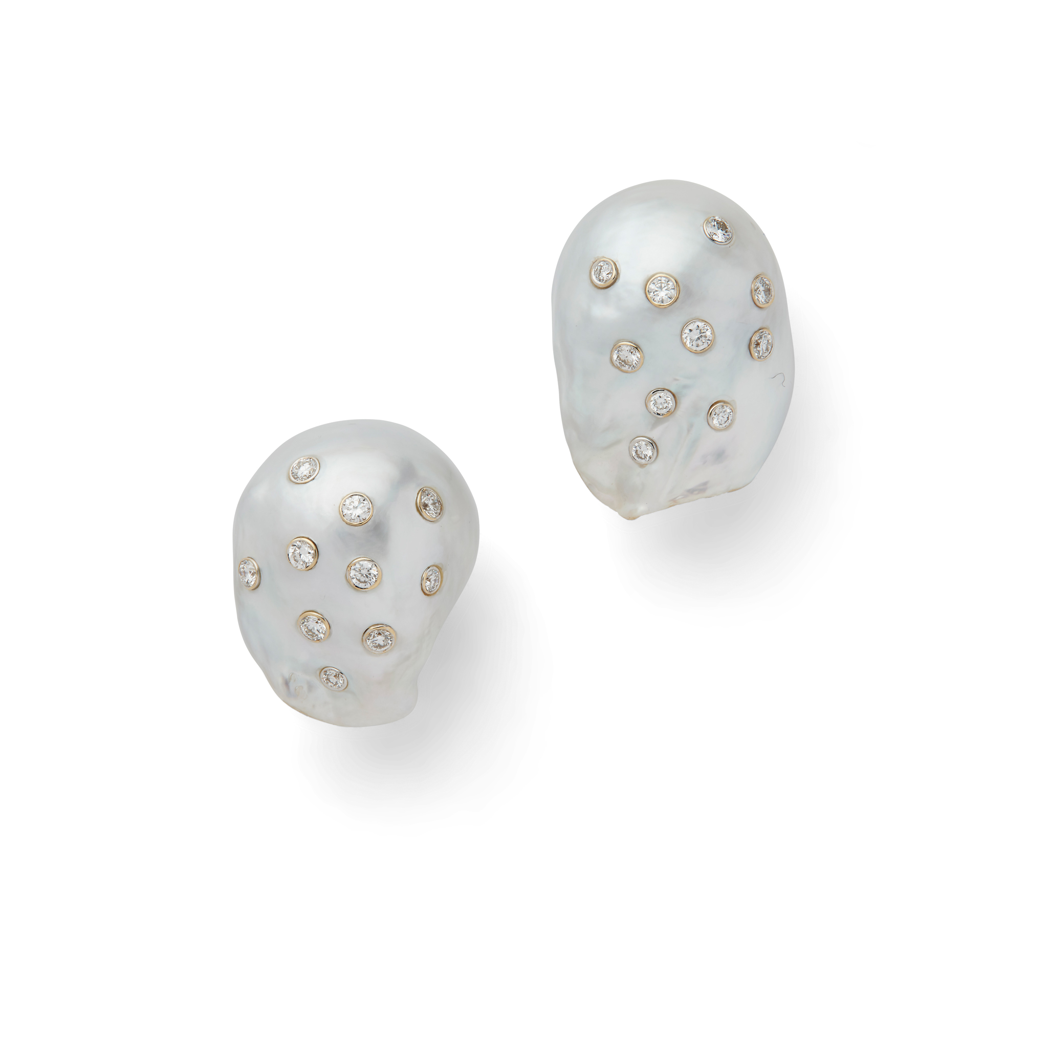 A pair of baroque pearl and diamond earrings