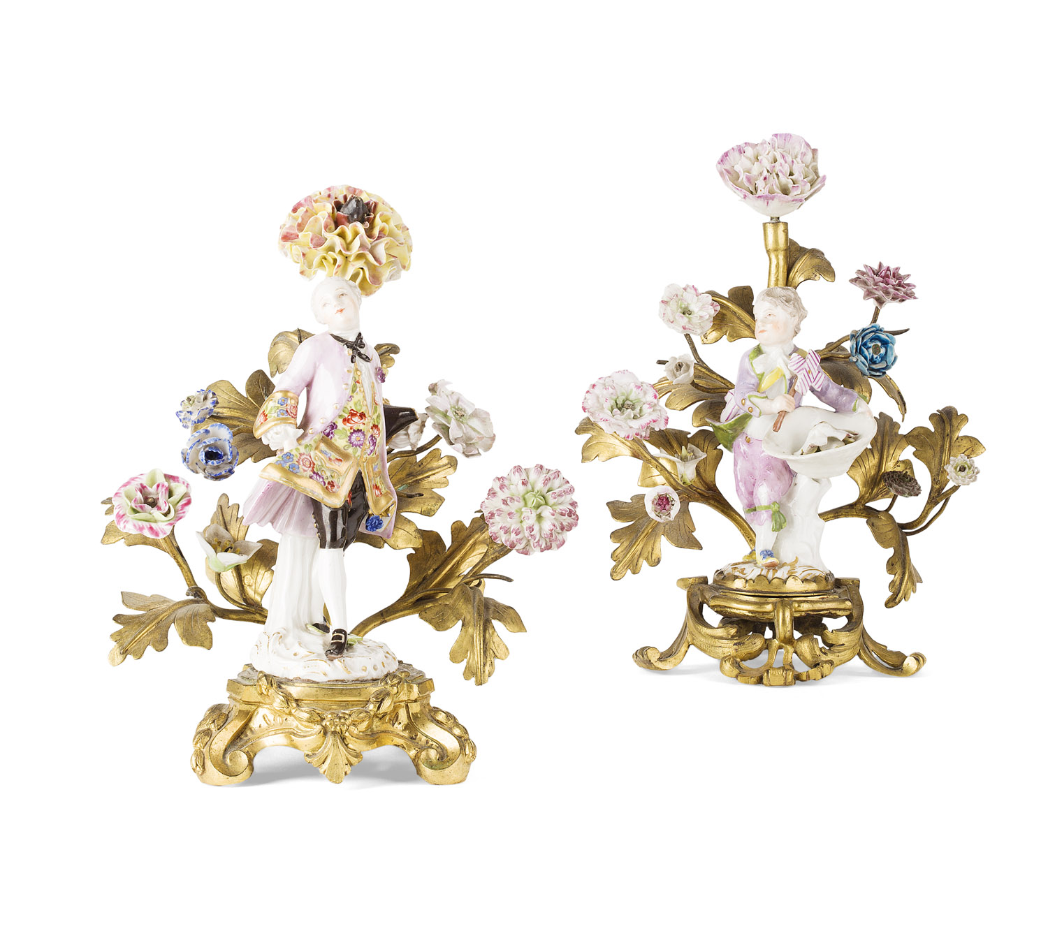 TWO GERMAN PORCELAIN AND GILT METAL MOUNTED FIGURES