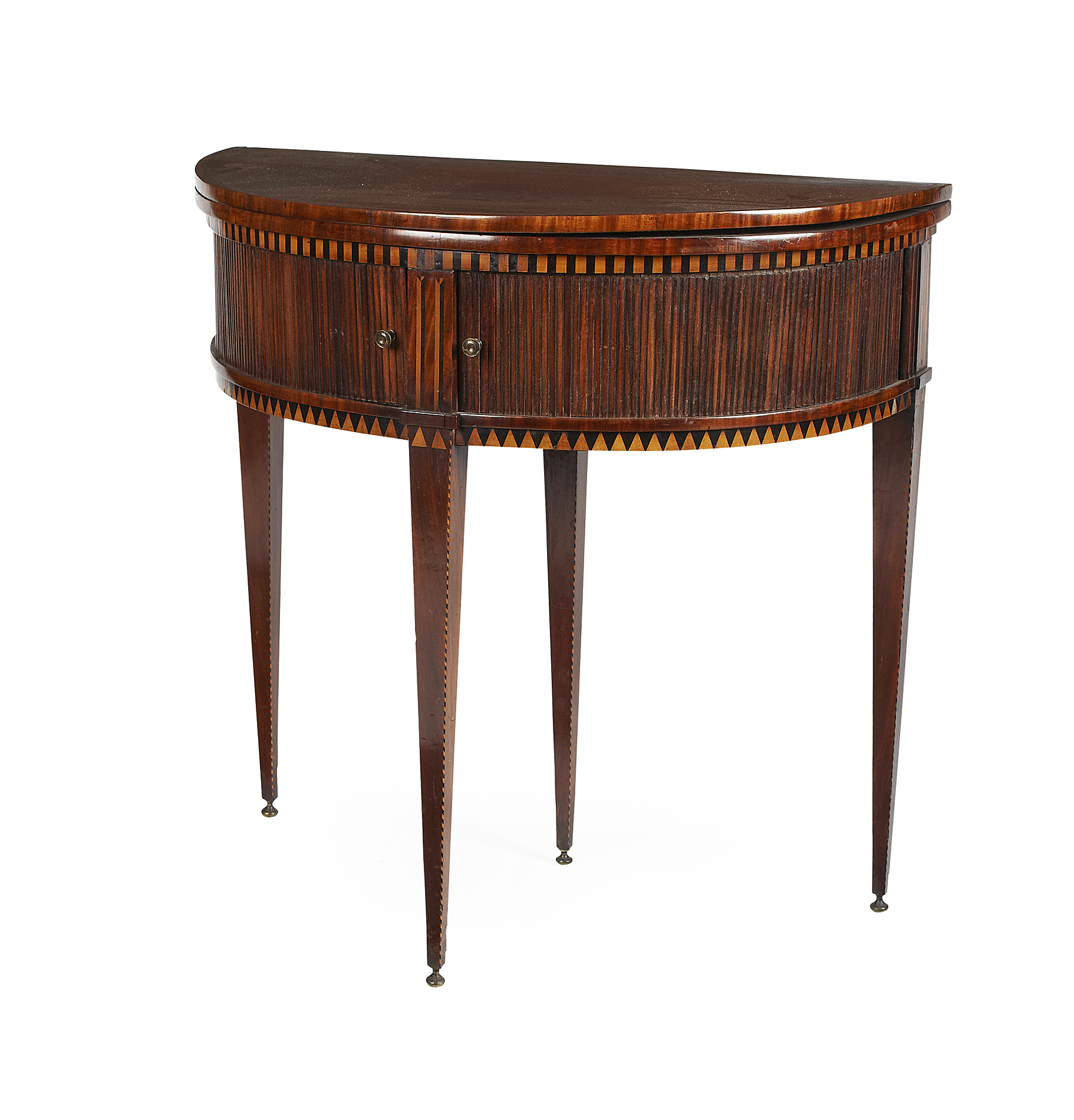 DUTCH MAHOGANY AND INLAID DEMI-LUNE FOLDOVER GAMES TABLE