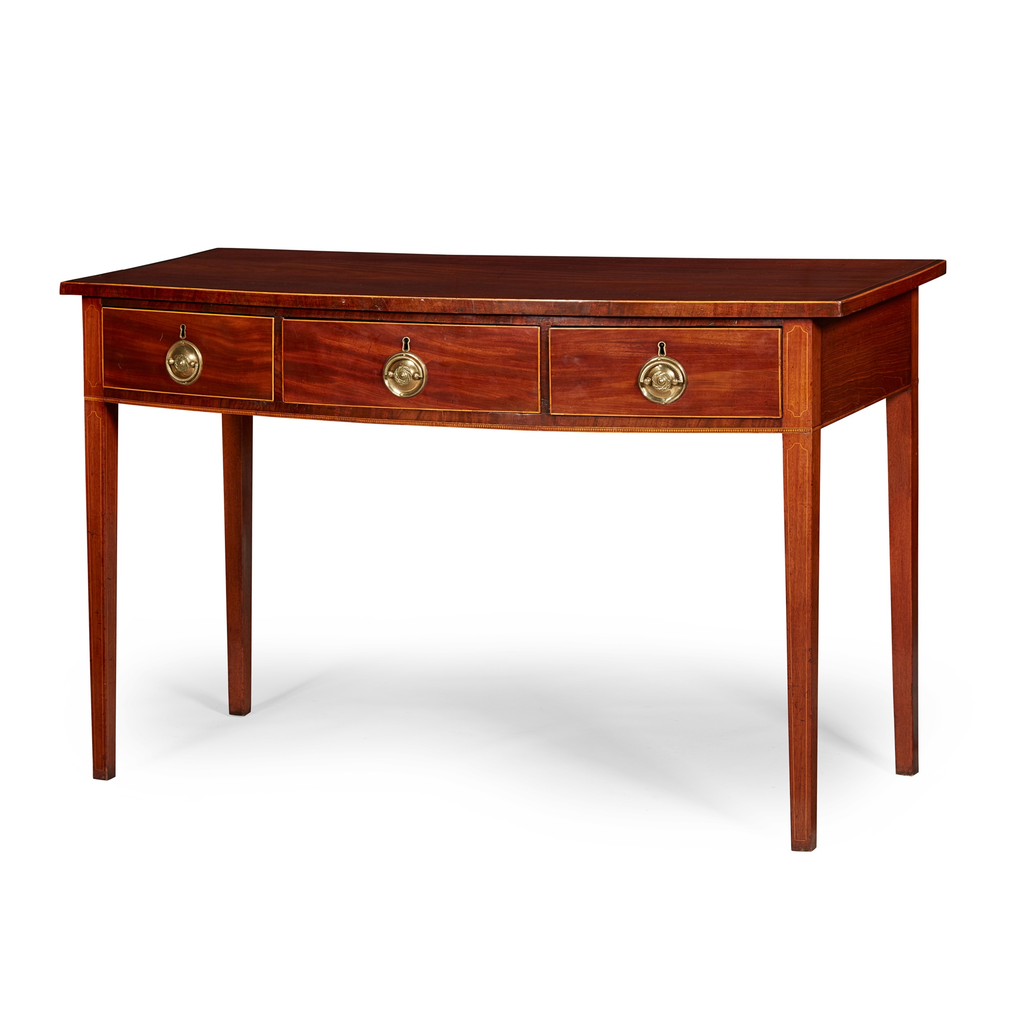 LATE GEORGE III MAHOGANY AND PARTRIDGEWOOD BOWFRONT SERVING TABLE
