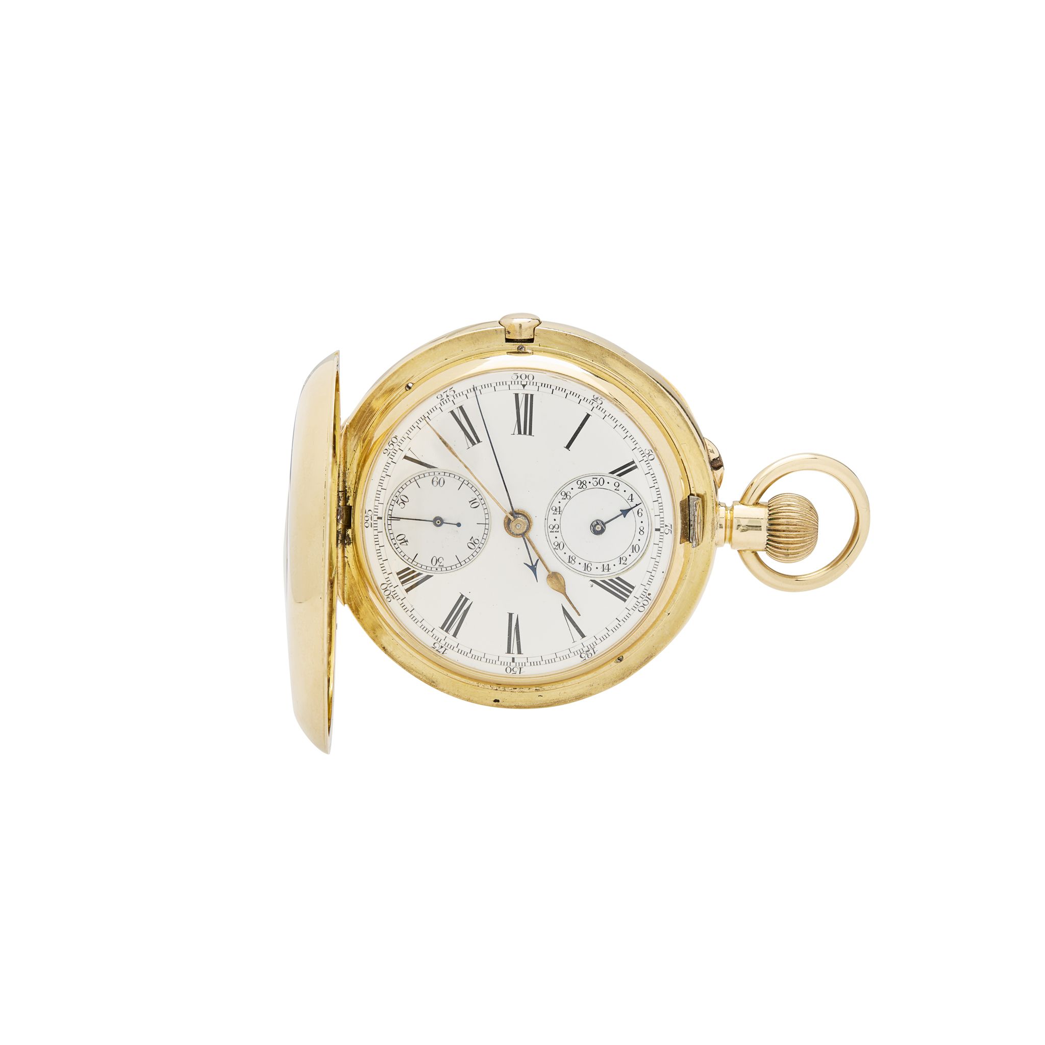 Swiss. An 18k gold half-hunting cased pocket watch with chronograph