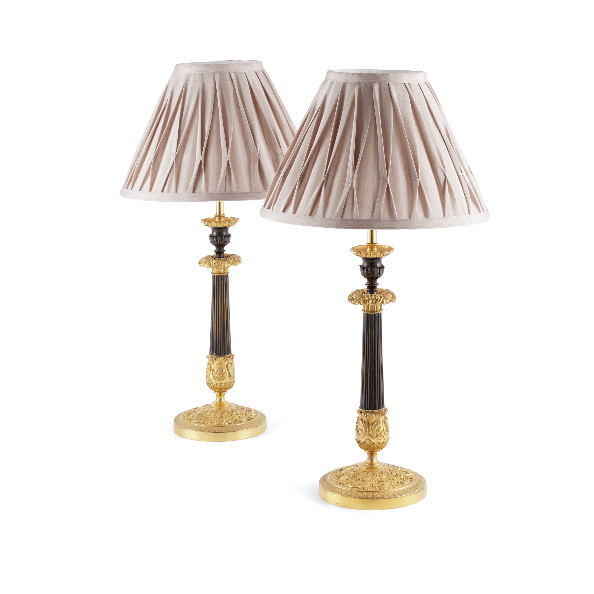 PAIR OF REGENCY PATINATED AND GILT BRONZE CANDLESTICK LAMPS