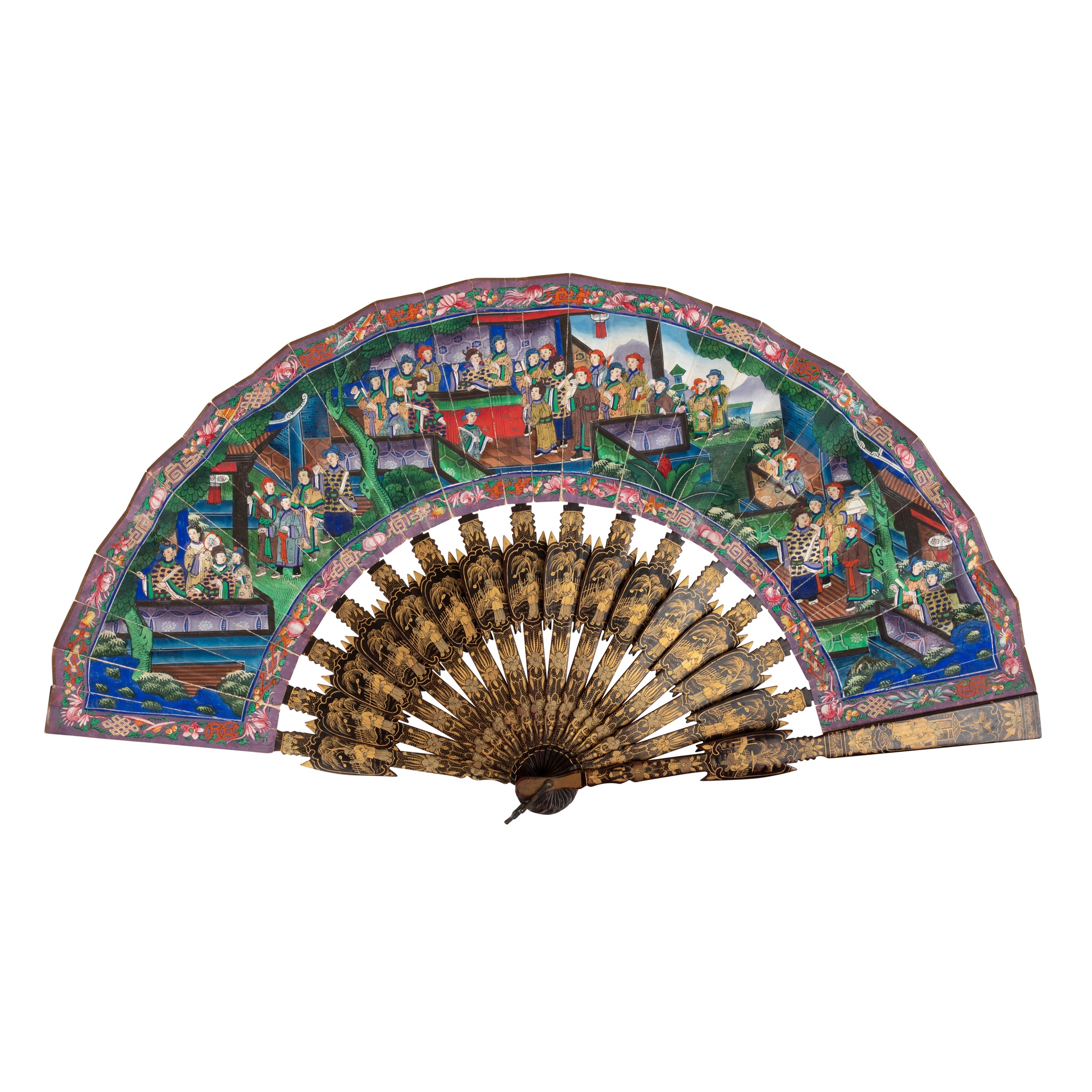 CANTON LACQUERED AND PAPER 'THOUSAND FACES' FAN