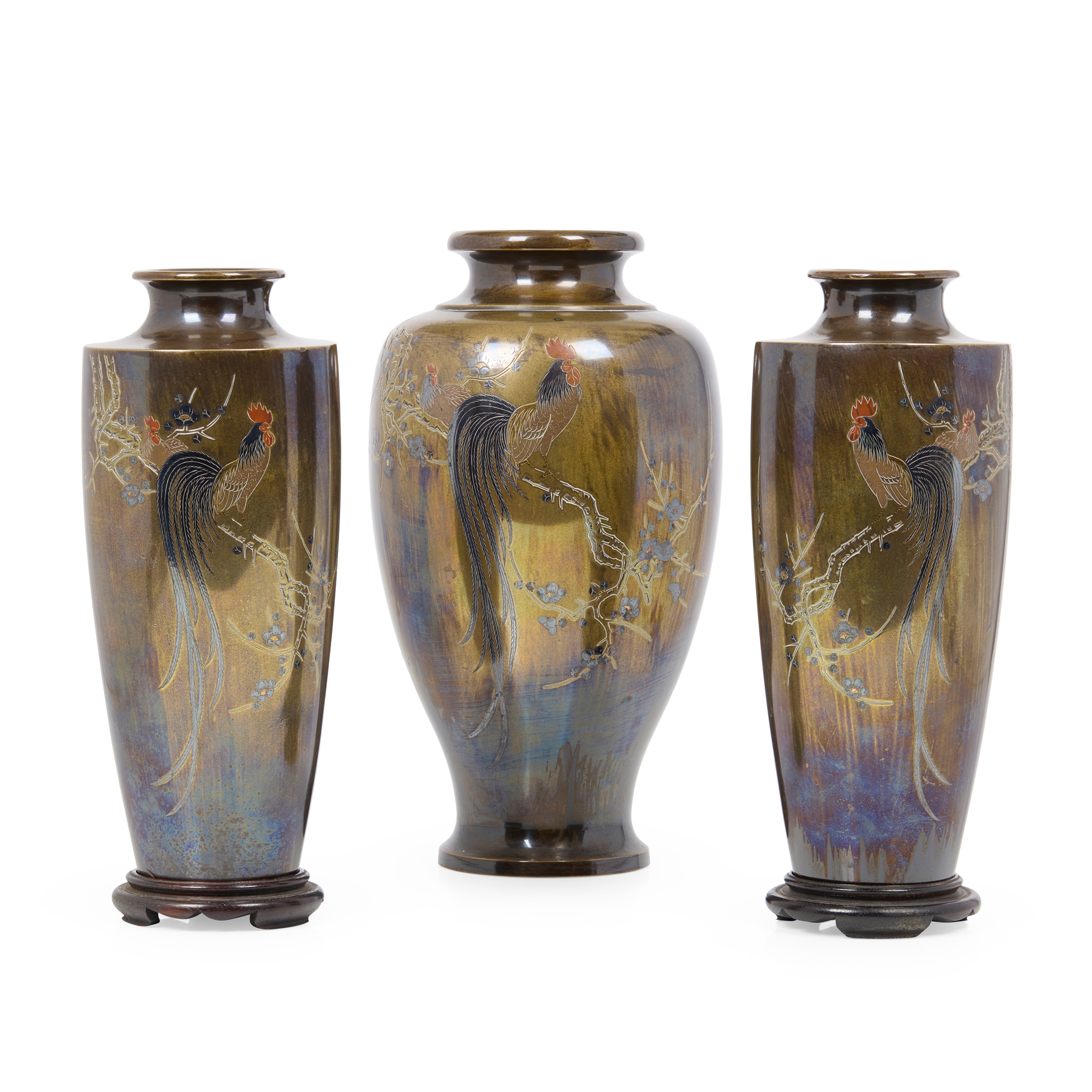 GROUP OF THREE JAPANESE INLAID BRONZE VASES