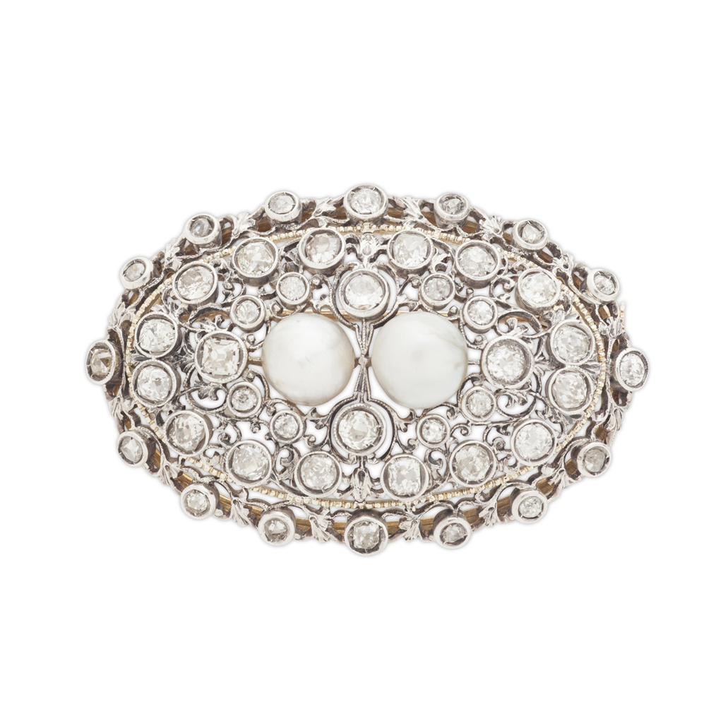 A Belle Epoque freshwater pearl and diamond set brooch