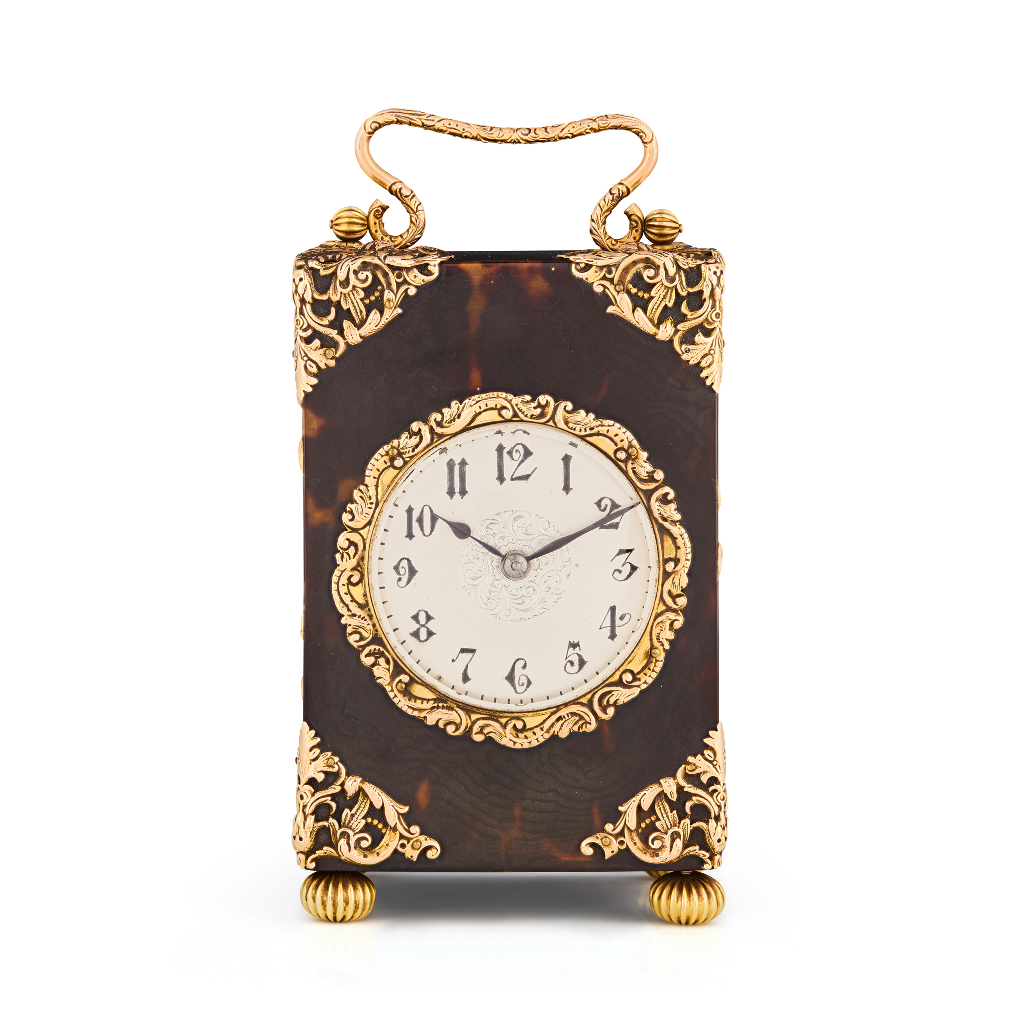 EDWARDIAN GILT METAL MOUNTED TORTOISESHELL CARRIAGE CLOCK