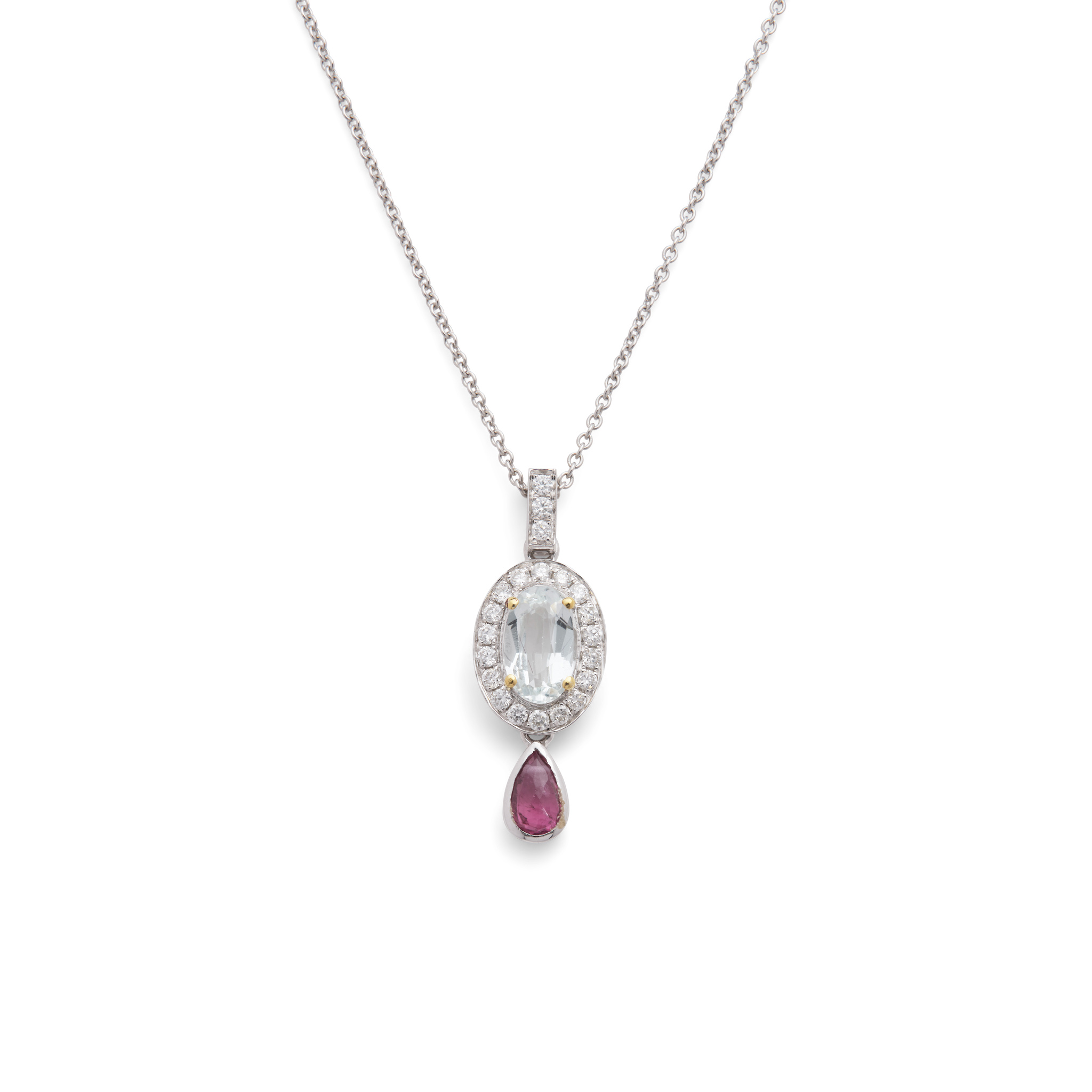 An aquamarine, pink tourmaline and diamond pendant necklace