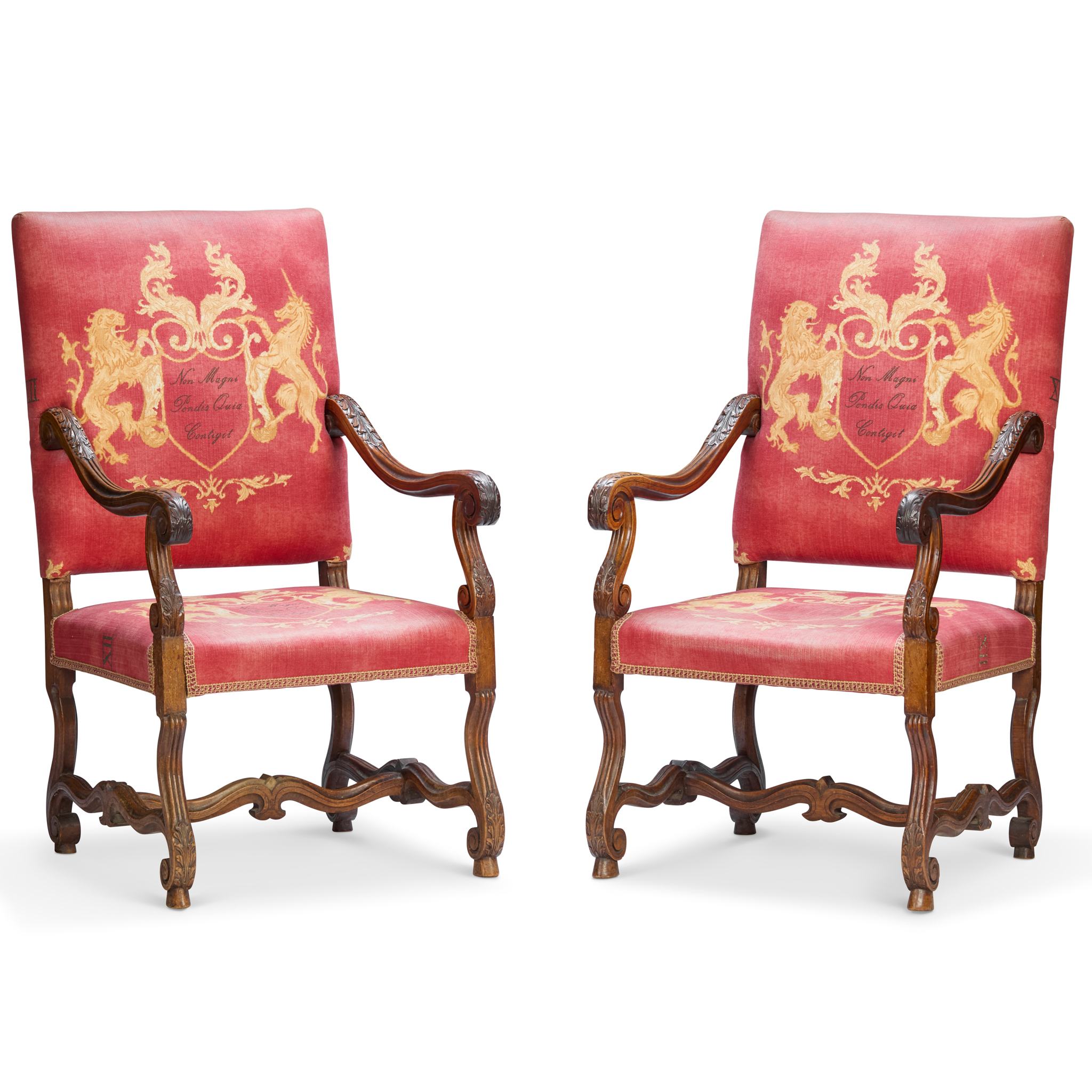 LOUIS XIV STYLE WALNUT ARMCHAIRS