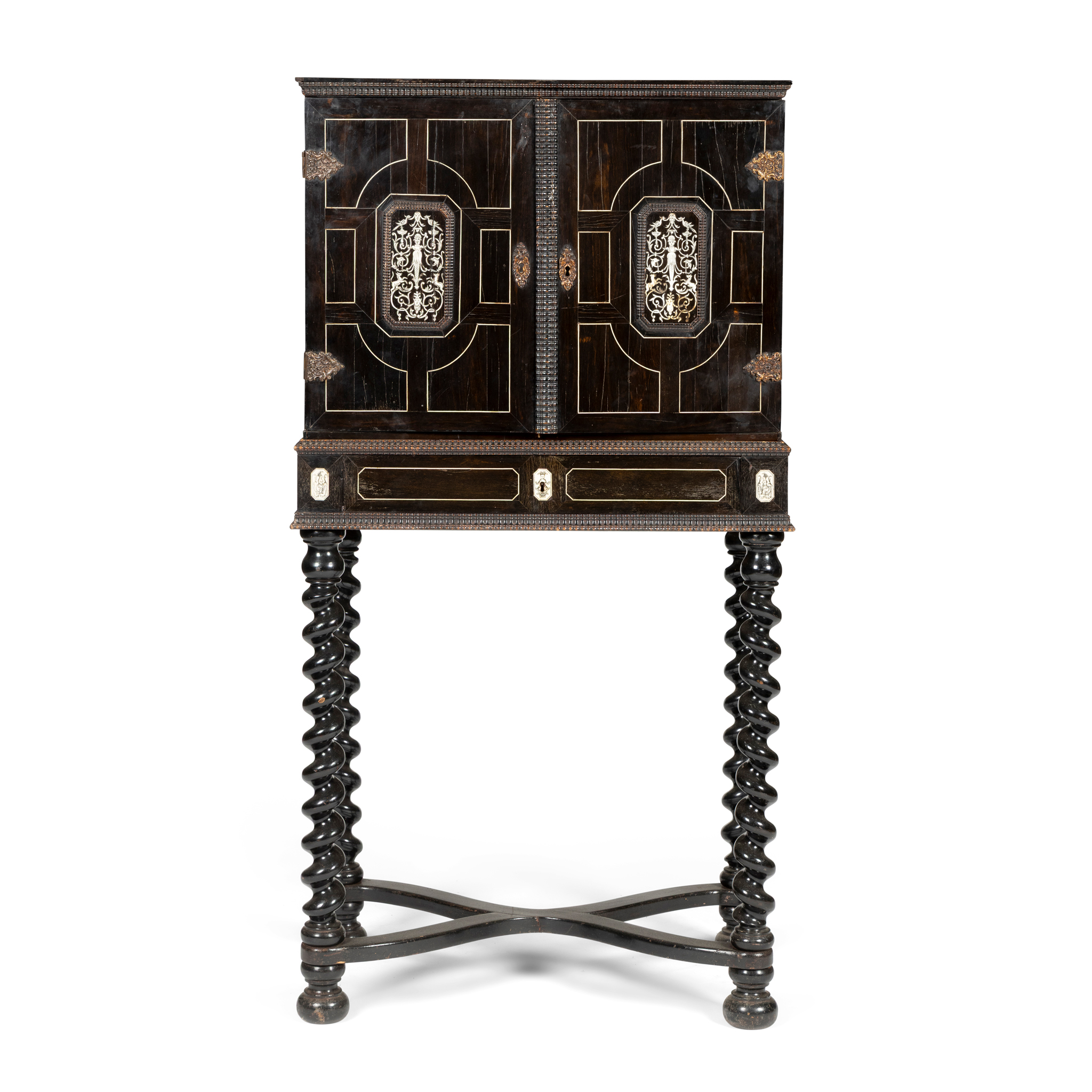 AN EBONY AND IVORY INLAID CABINET ON STAND