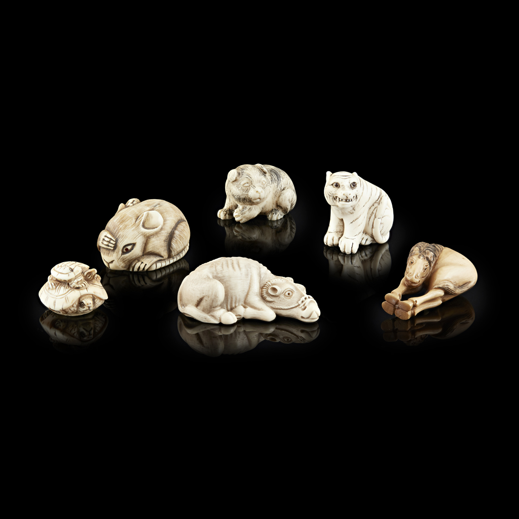 COLLECTION OF SIX IVORY NETSUKE DEPICTING ANIMALS
