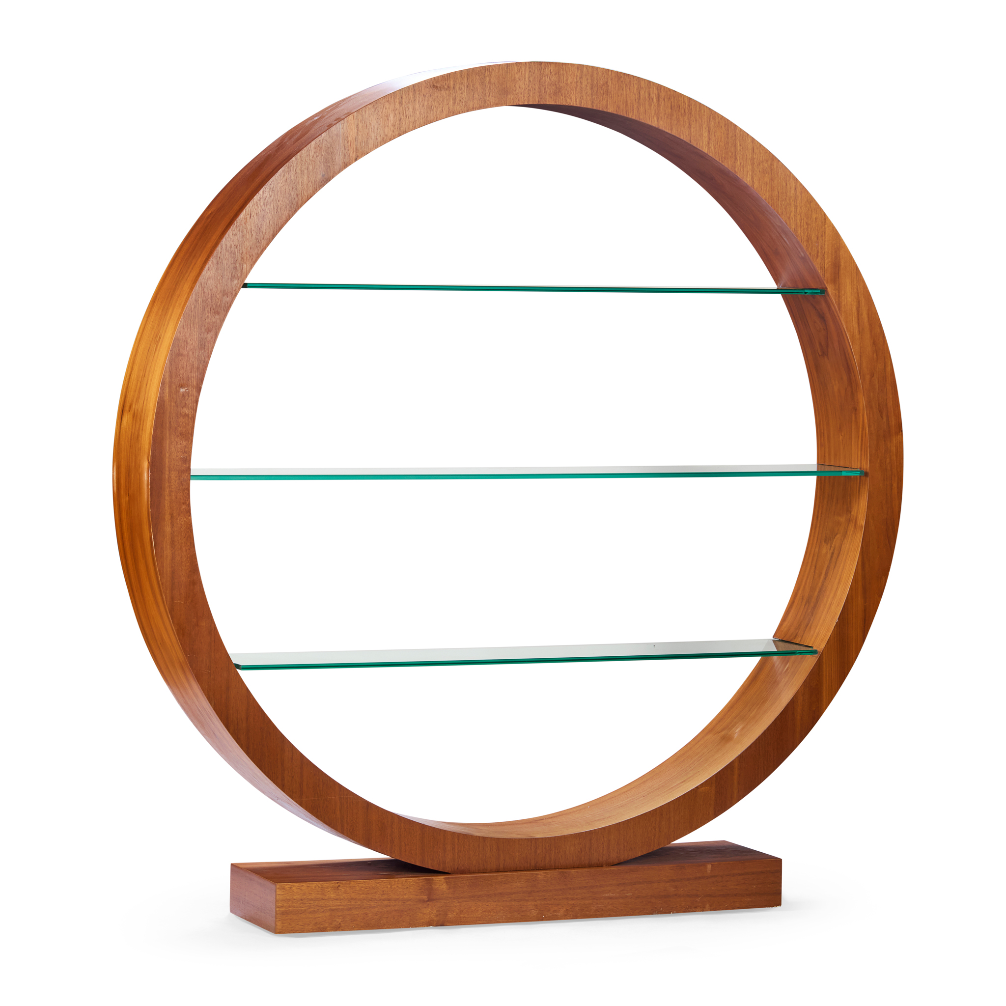 ART DECO STYLE WALNUT AND GLASS CIRCULAR DISPLAY SHELVES