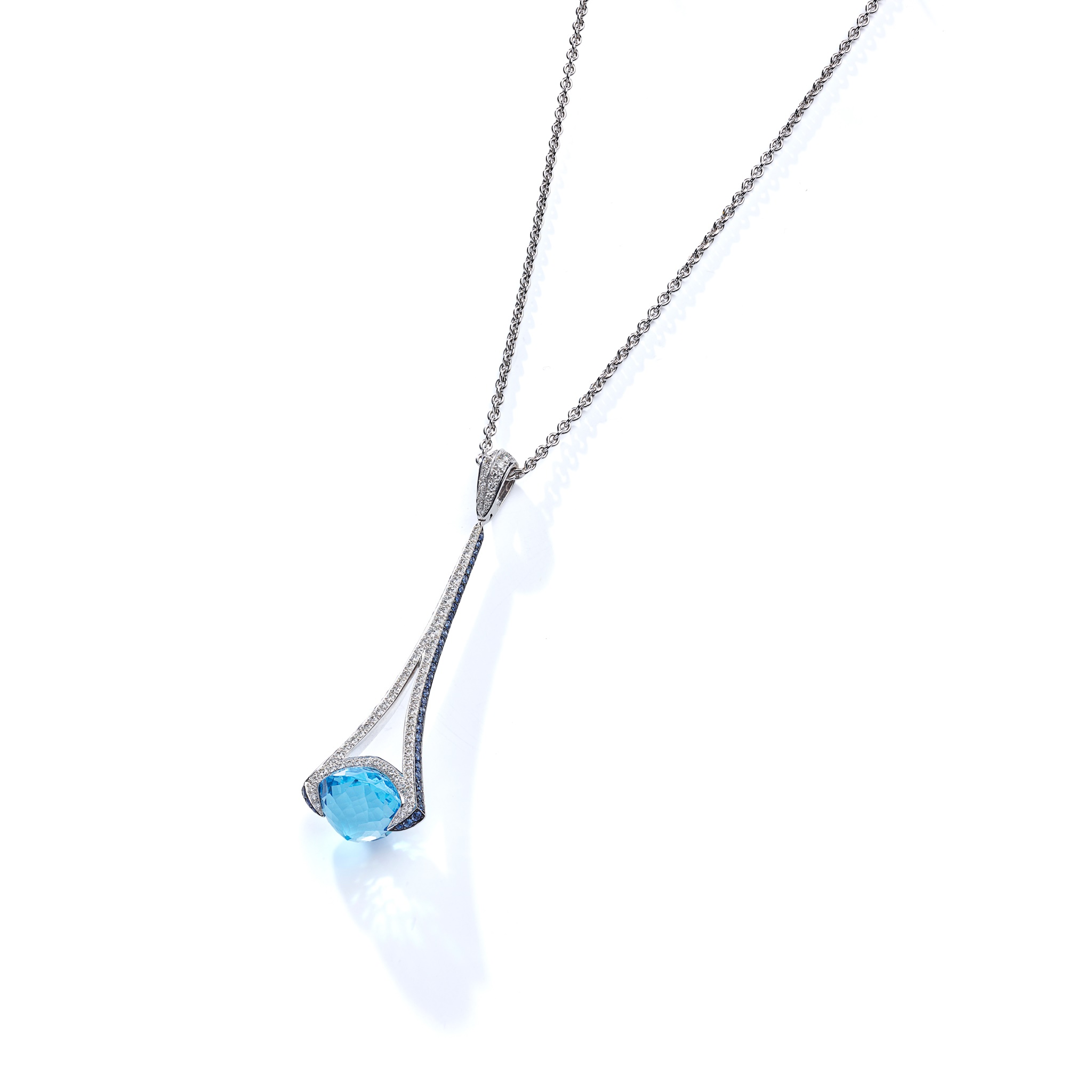 A blue topaz, diamond and sapphire pendant