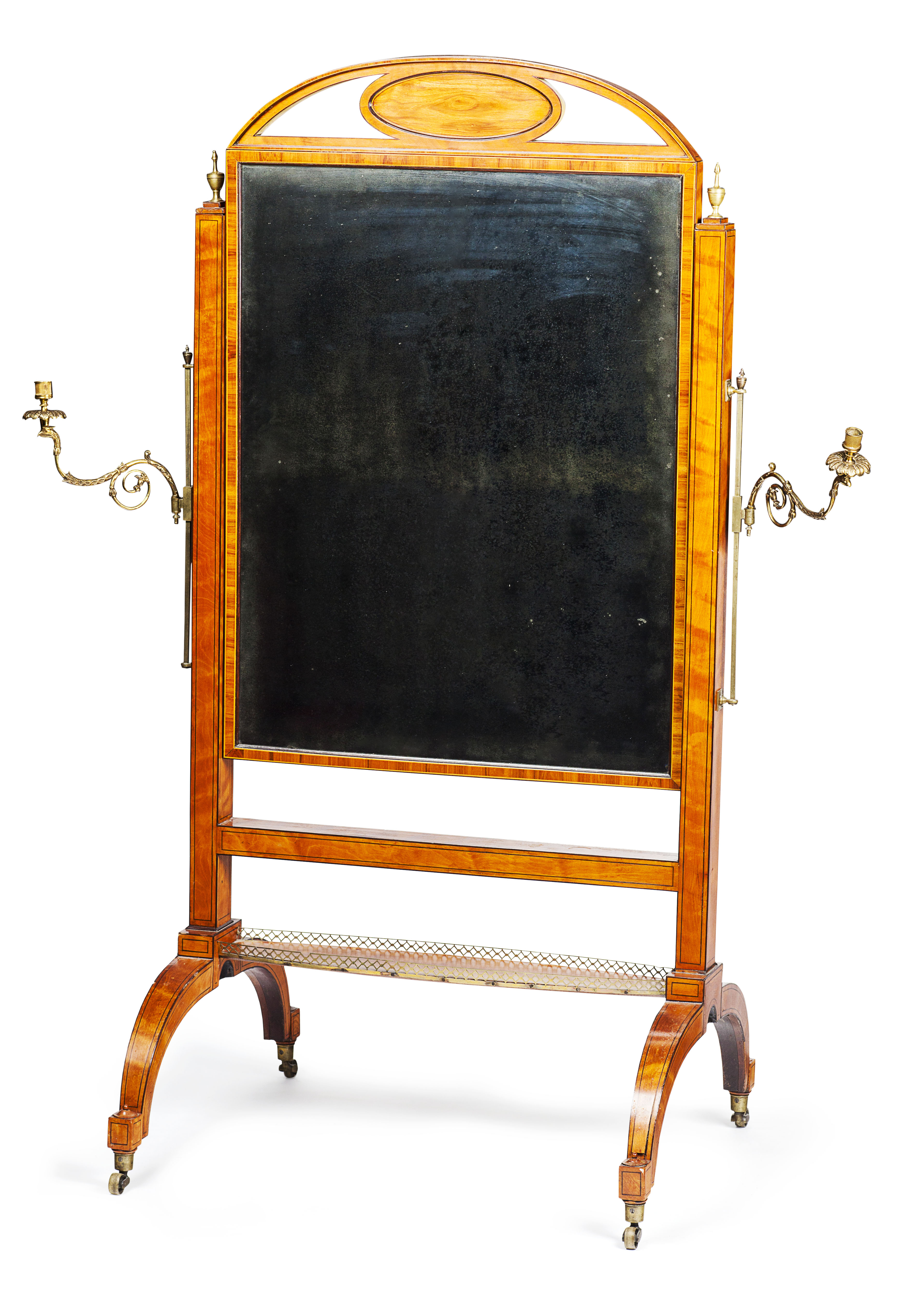 GEORGE III SATINWOOD AND KINGWOOD CROSSBANDED CHEVAL MIRROR