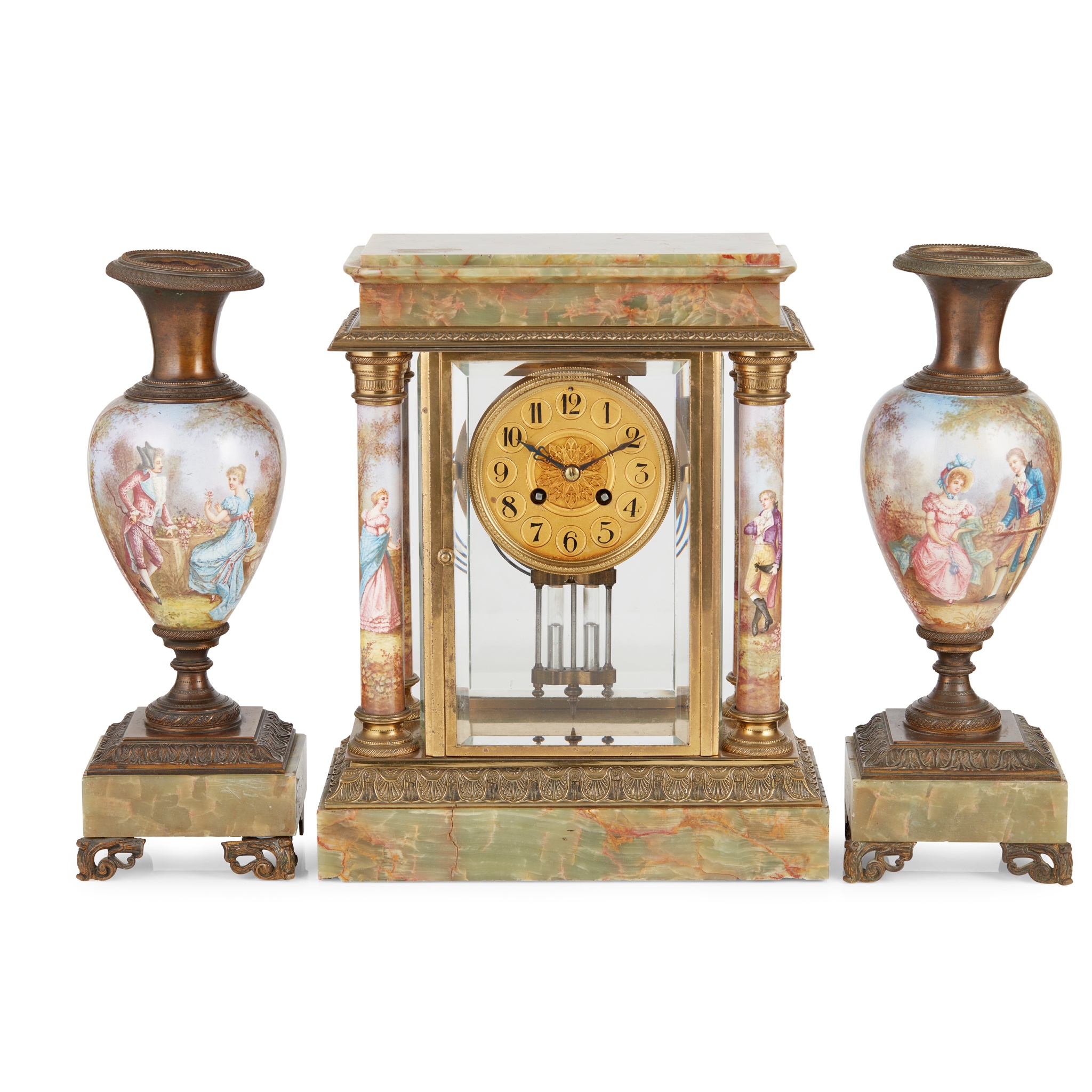 FRENCH GREEN ONYX AND PORCELAIN THREE PIECE CLOCK GARNITURE