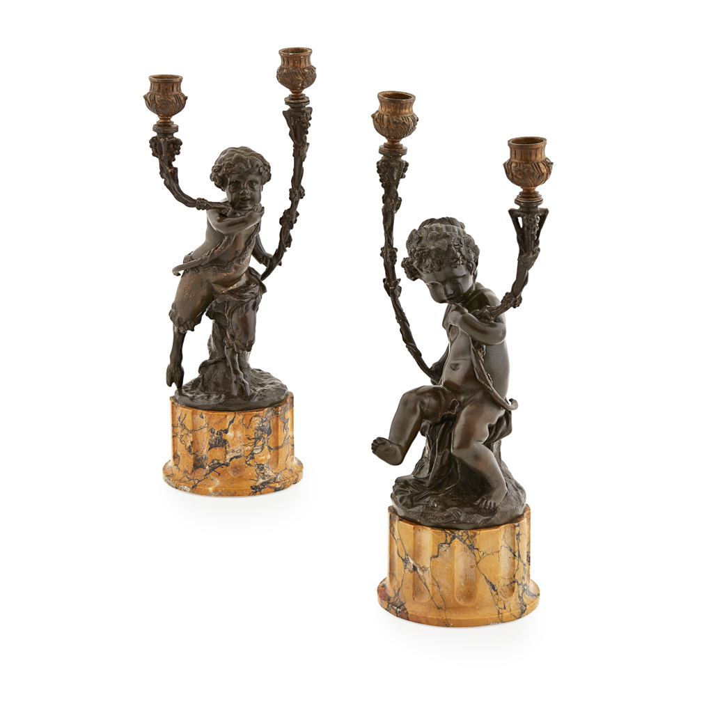 PAIR OF FRENCH BRONZE FIGURAL CANDELABRA, AFTER CLODION