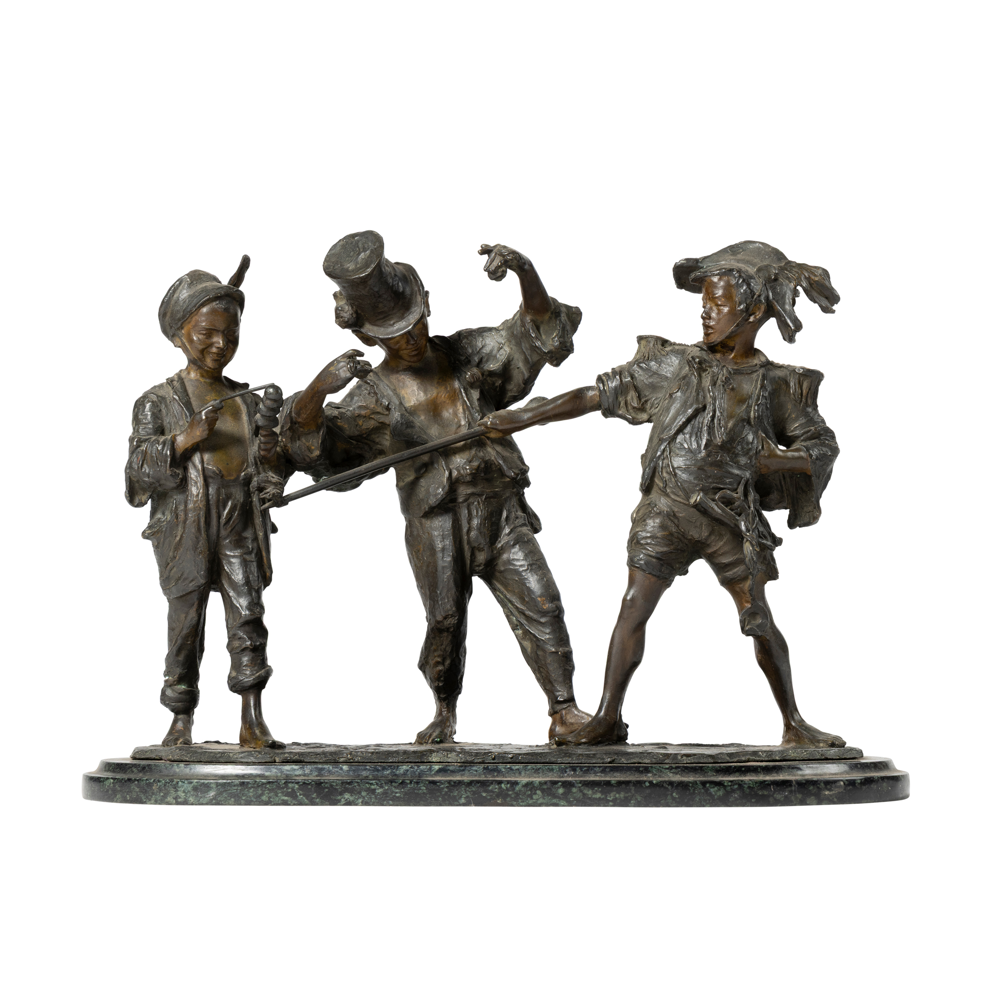 A BRONZE FIGURE GROUP OF THREE STREET URCHINS, FRANCESCO DE MATTEIS (ITALIAN 1852 - 1917)