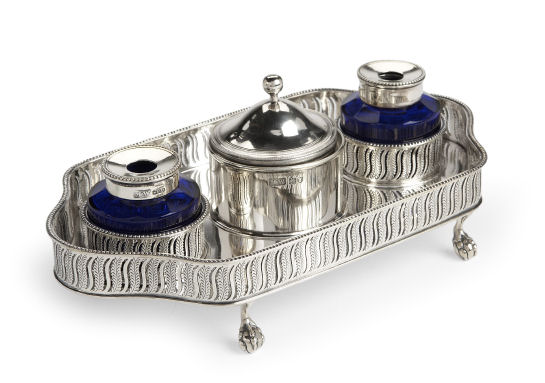 A Georgian style silver desk inkstand