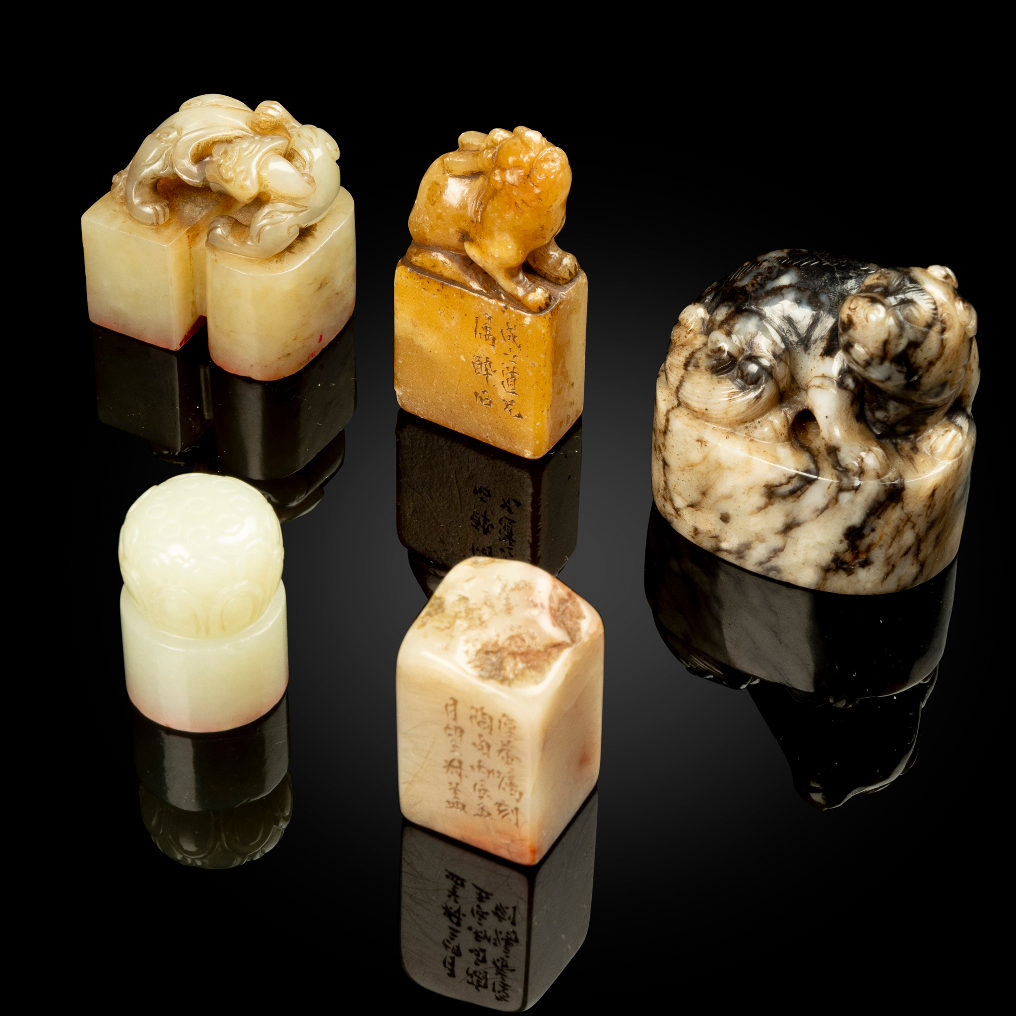 GROUP OF FIVE CHINESE JADE AND SOAPSTONE SEALS