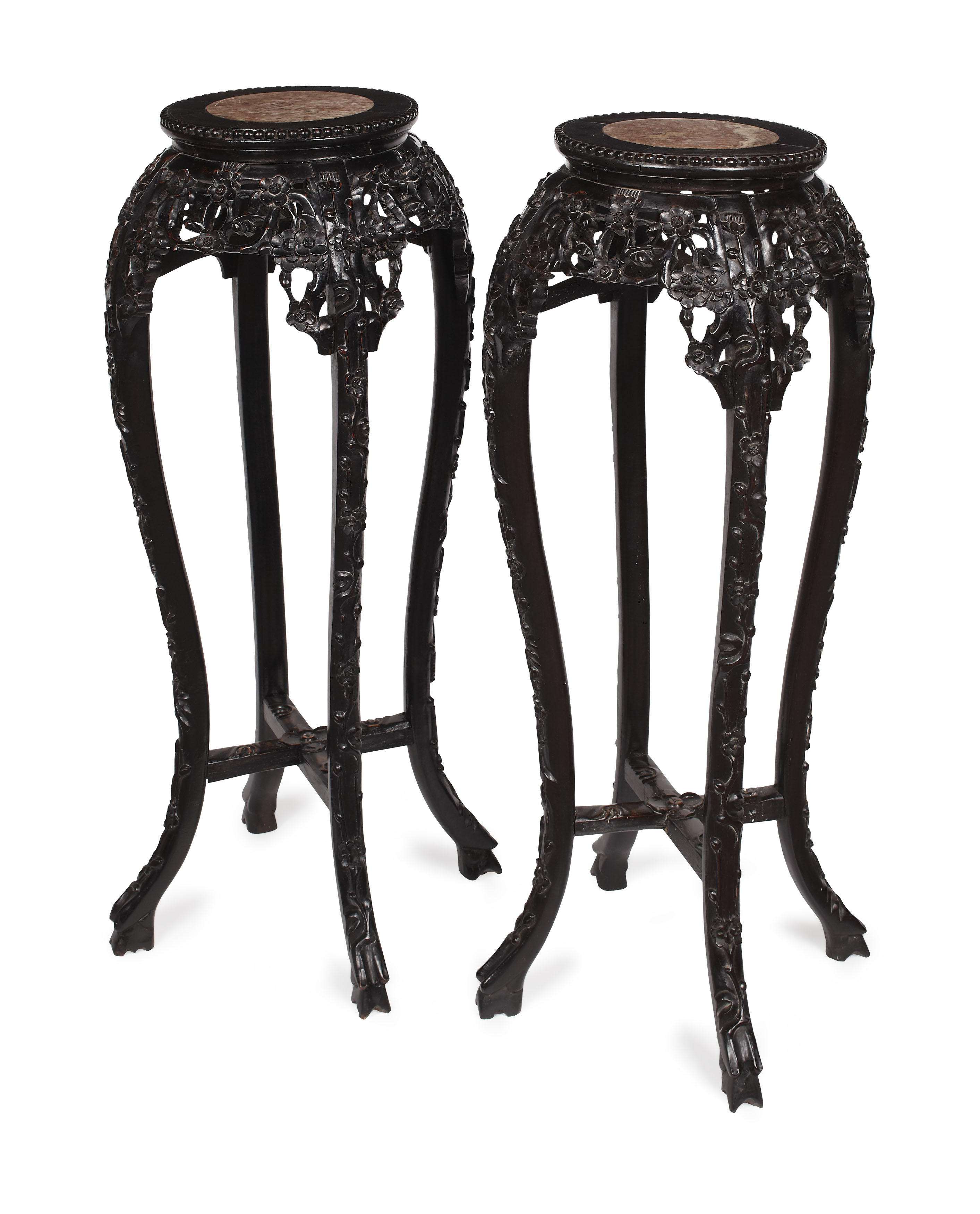 PAIR OF CHINESE HARDWOOD MARBLE TOP STANDS