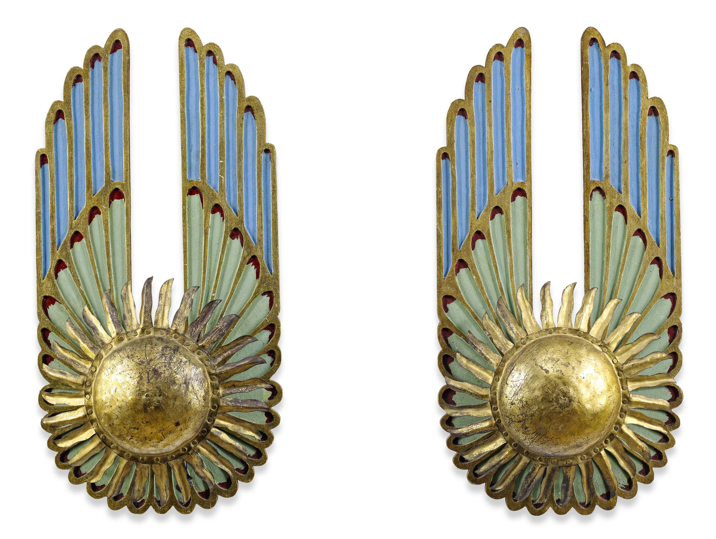 PAIR OF FRENCH ART DECO POLYCHROME PAINTED AND GILT METAL WALL SCONCES
