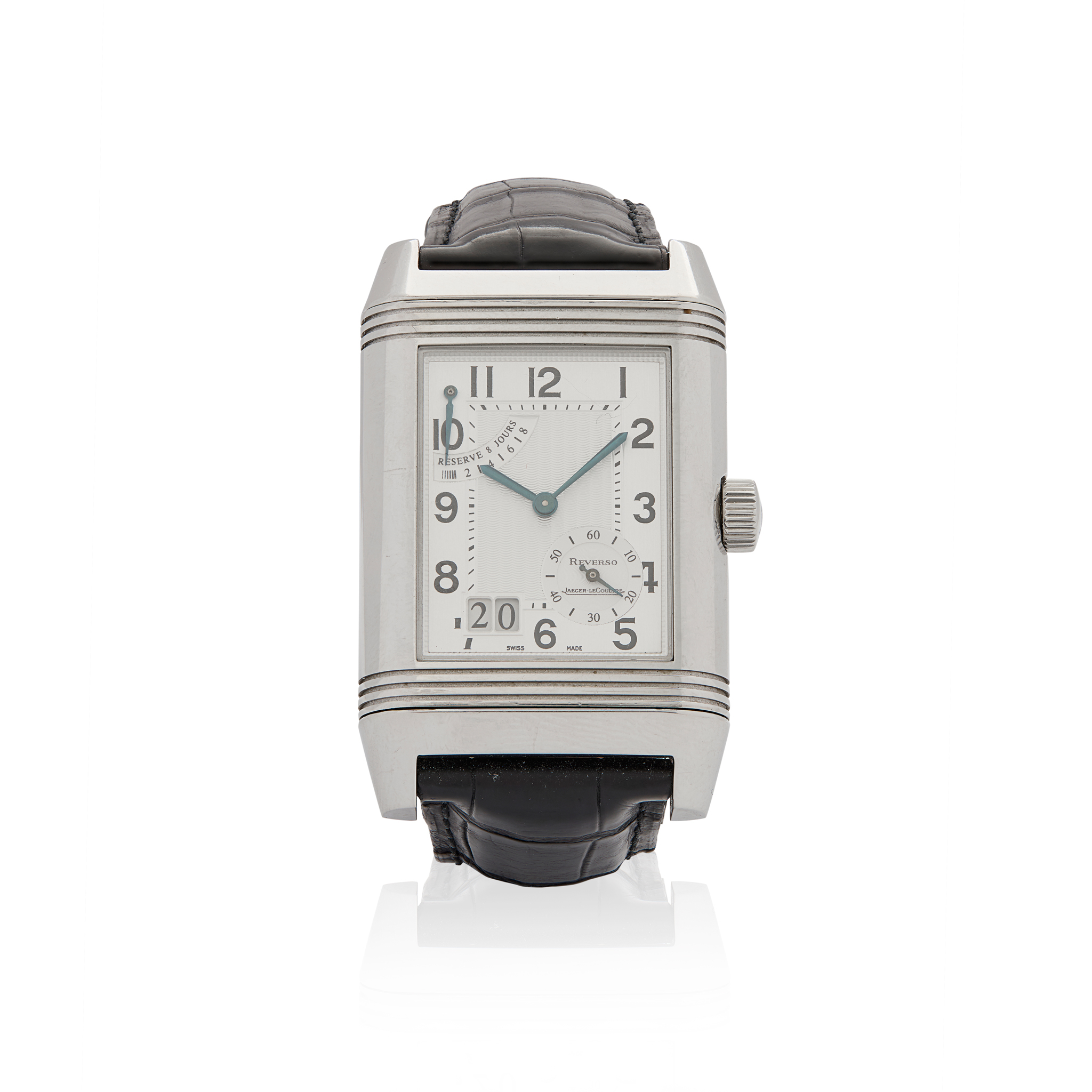 Jaeger LeCoultre. A stainless steel mechanical 8 day reversible wristwatch with date and power reverse