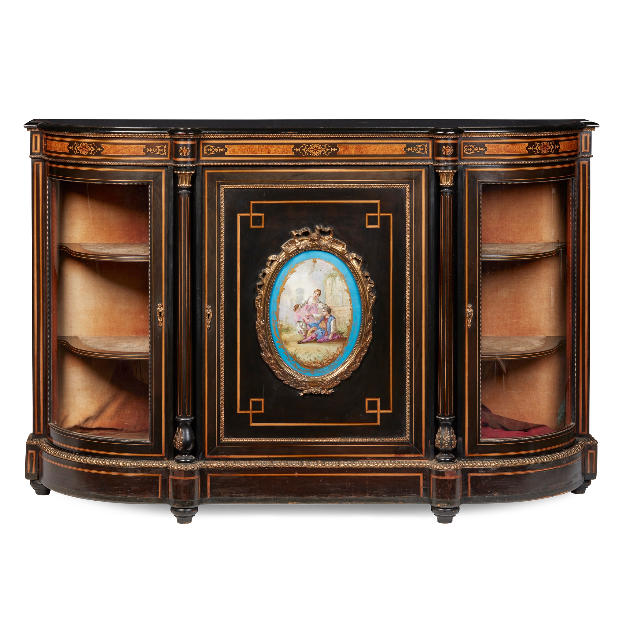 VICTORIAN EBONISED, AMBOYNA, AND PORCELAIN MOUNTED SIDE CABINET