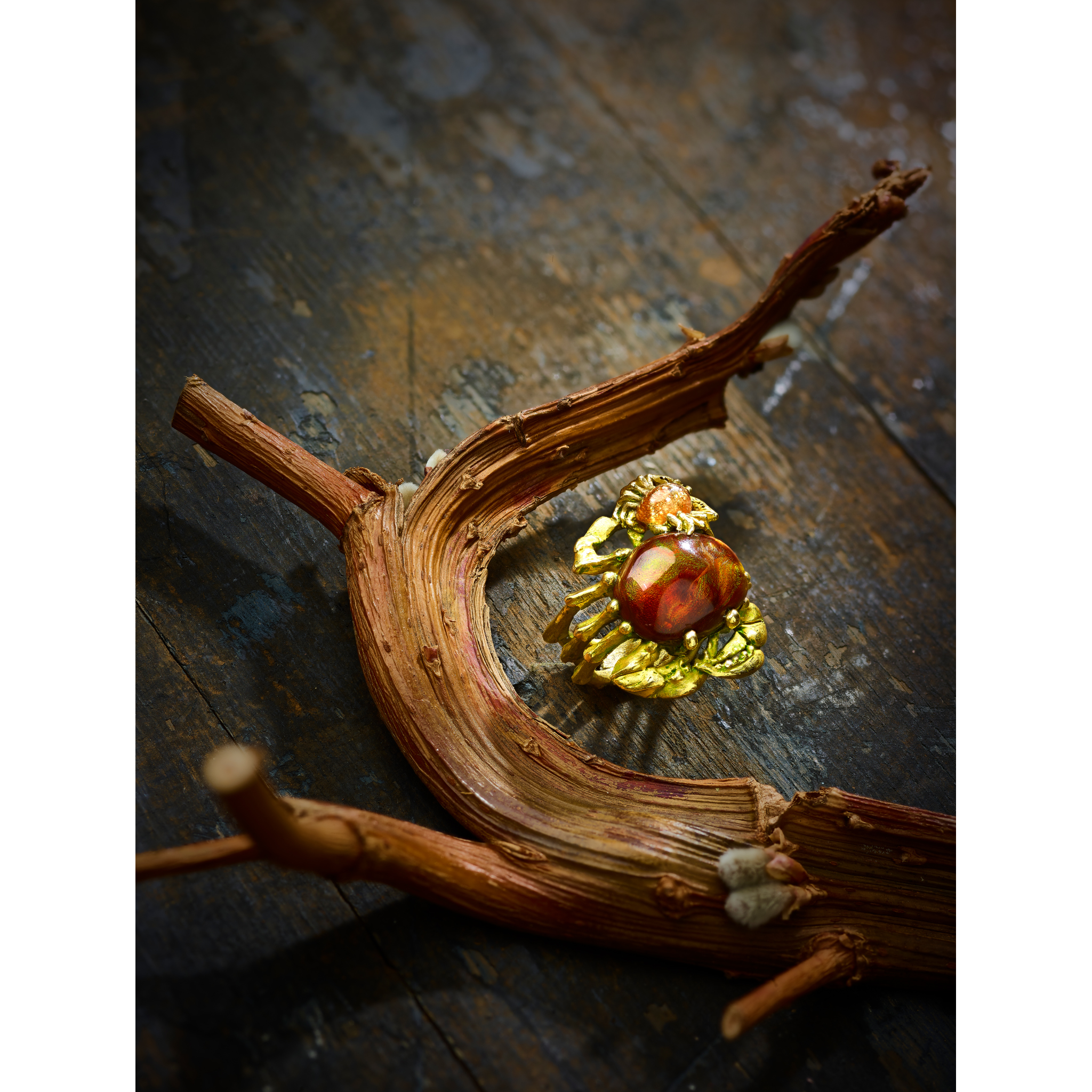 Kevin Coates: A sunstone and fire agate crab ring