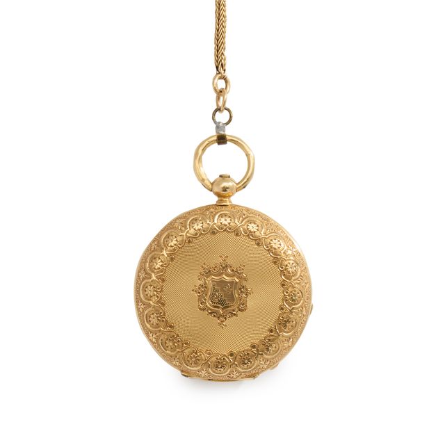 Swiss. An attractive 18k gold decorative hunter cased key-wind fob watch