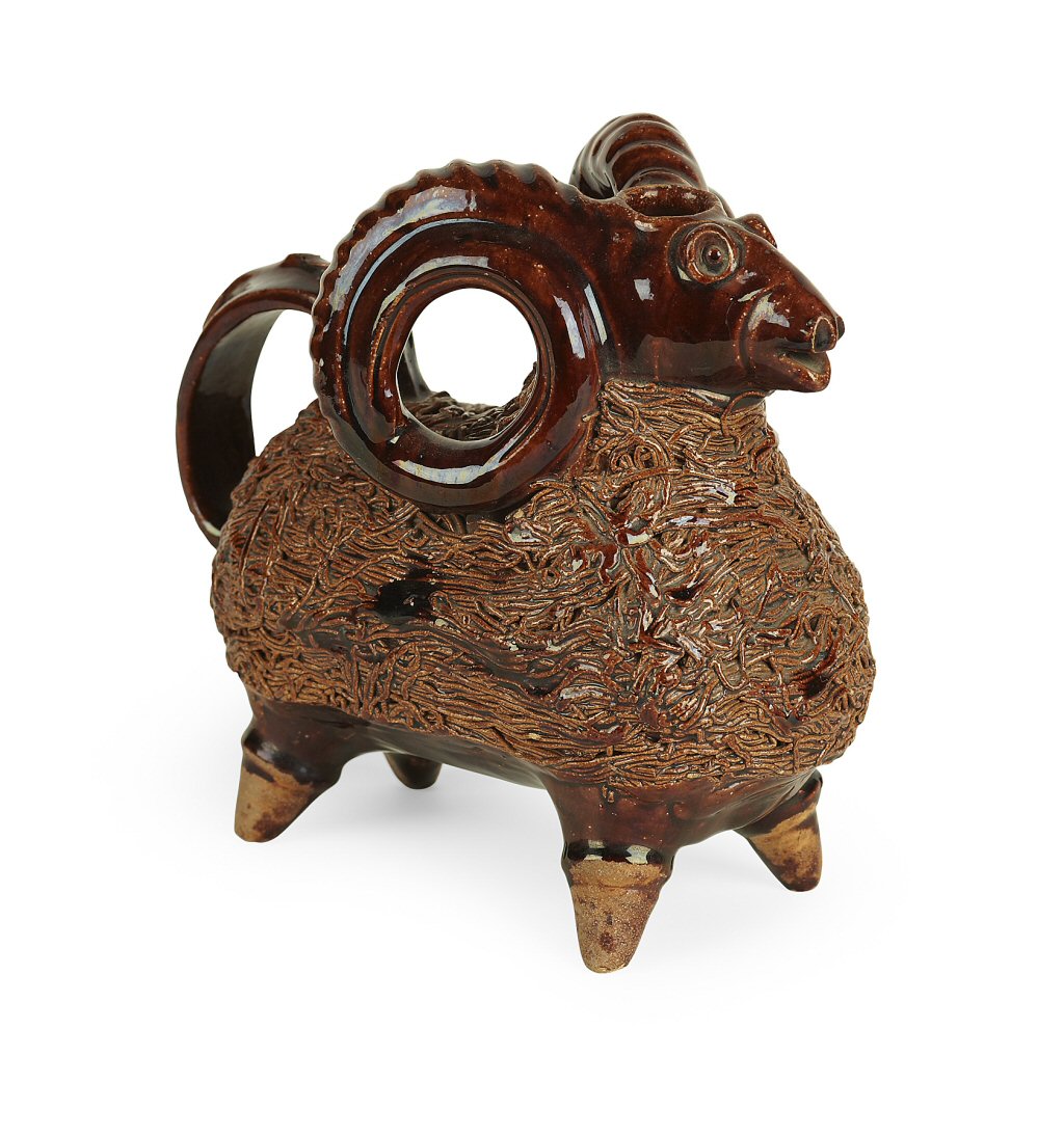TURKISH GLAZED EARTHENWARE RAM-FORM RHYTON
