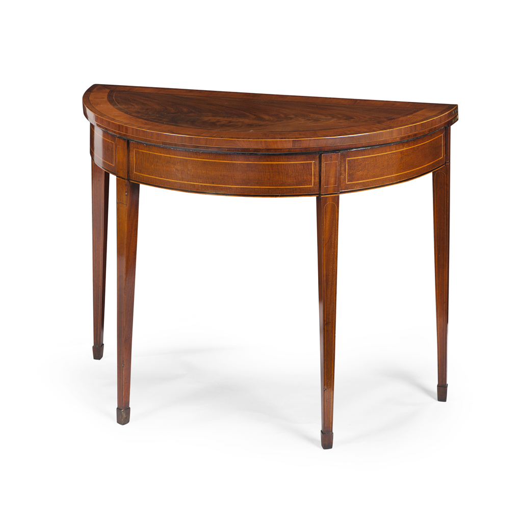 A GEORGE III MAHOGANY AND SATINWOOD BANDED DEMILUNE CARD TABLE