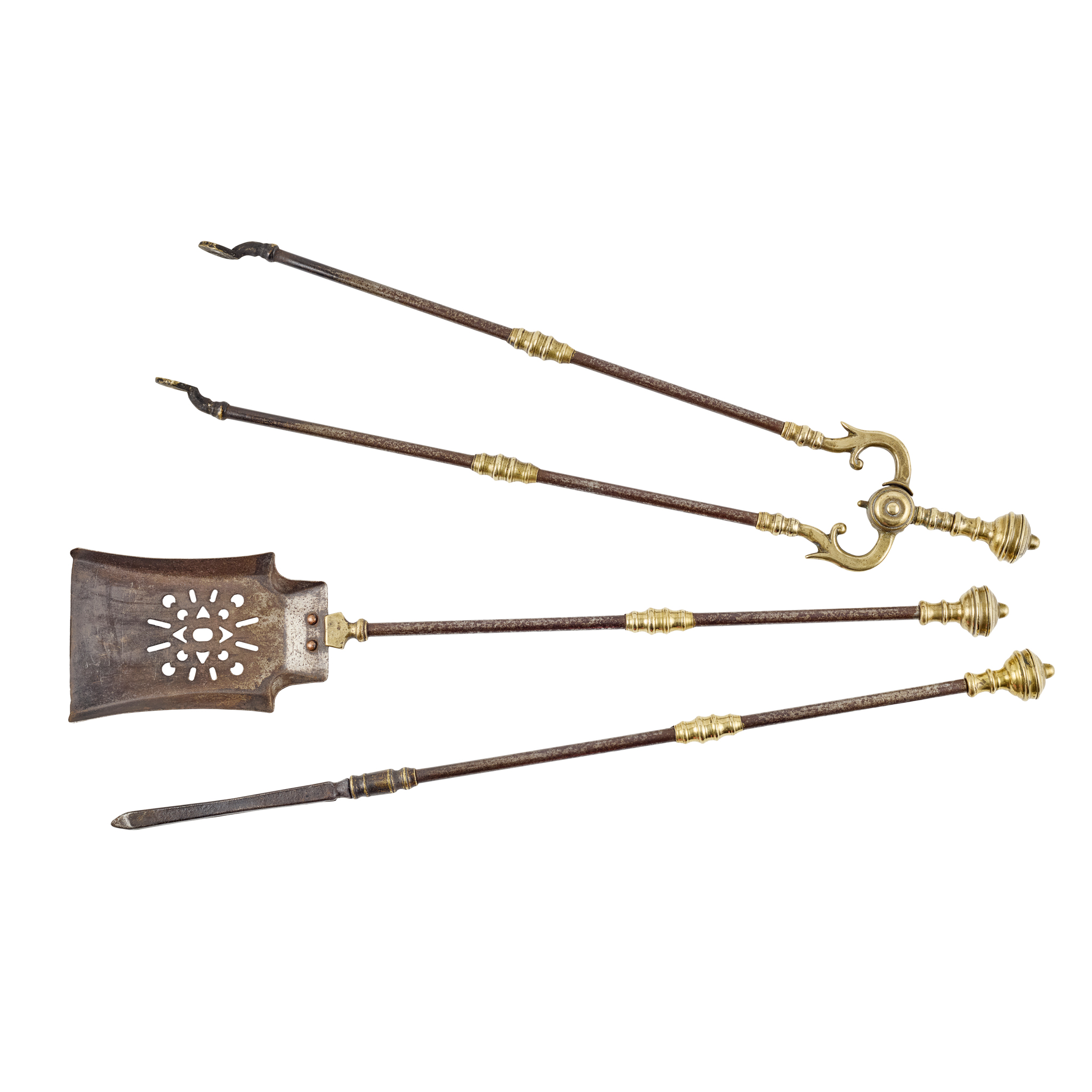 SET OF THREE GEORGIAN STEEL AND BRASS FIRE TOOLS
